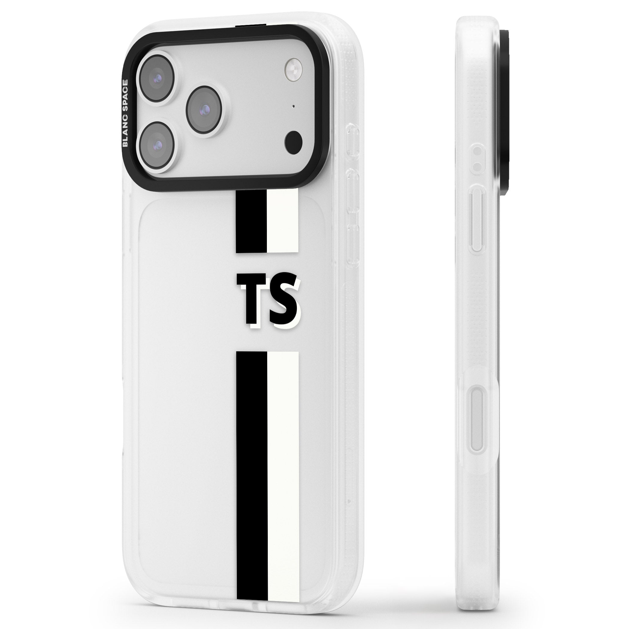 Personalised Black And White Stripe iPhone 17 Pro Max Impact Air Clear Phone Case Side Profile