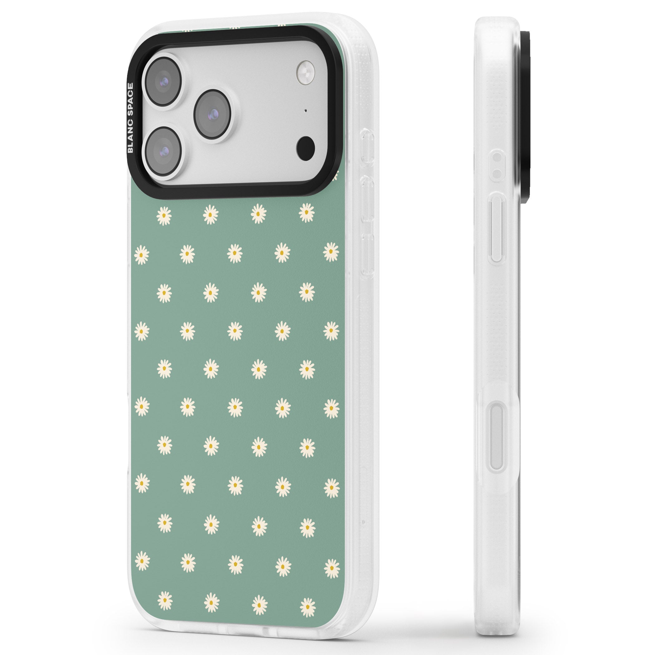 Sage Daisy Floral iPhone 17 Pro Impact Air Clear Phone Case Side Profile