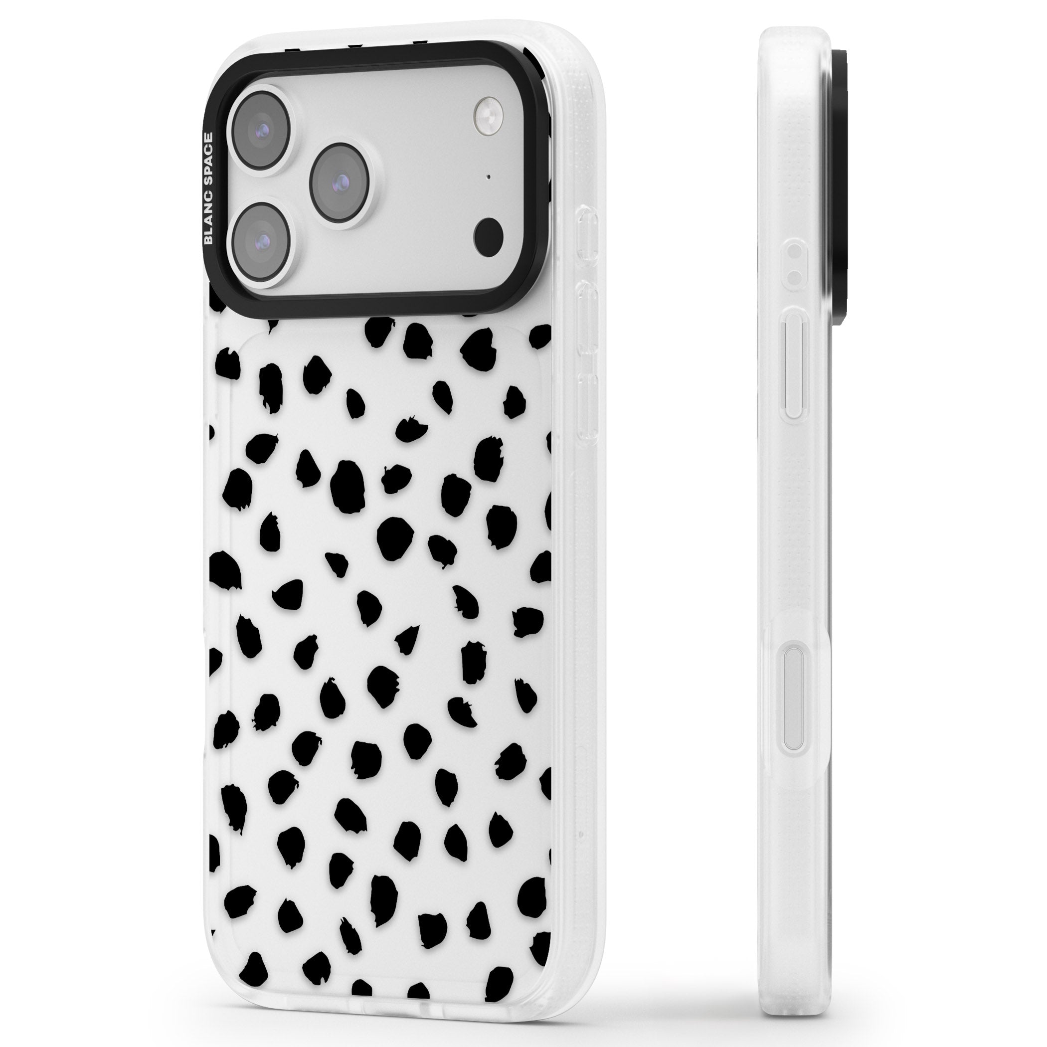 Black Dalmatian Polka Dot iPhone 17 Pro Impact Air Clear Phone Case Side Profile