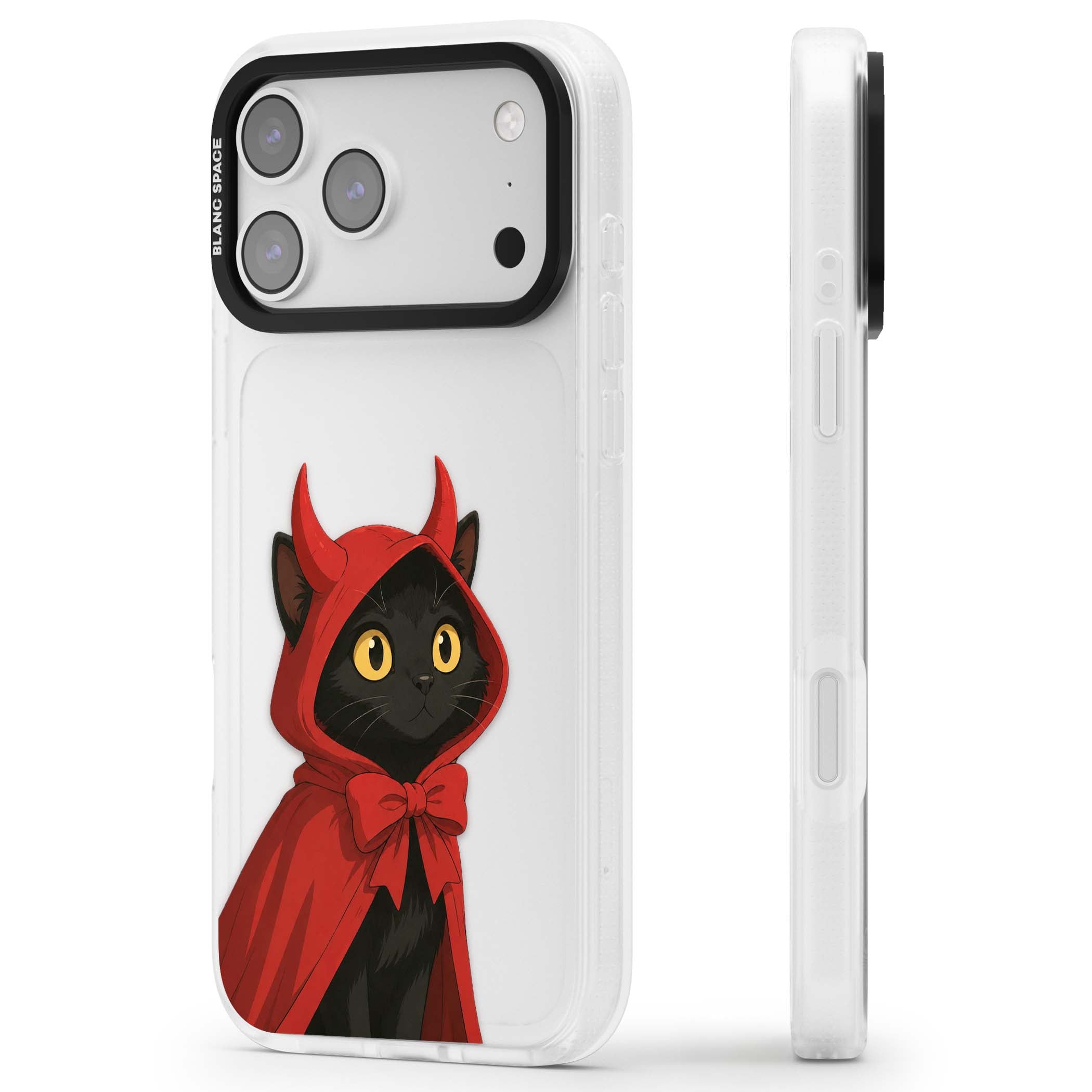 Little Devil halloween iPhone case featuring a black cat in a red hooded devil cloak with horns and golden eyes | Clear Case Impact Air case for iPhone 17 Pro, iPhone 17 Pro Max