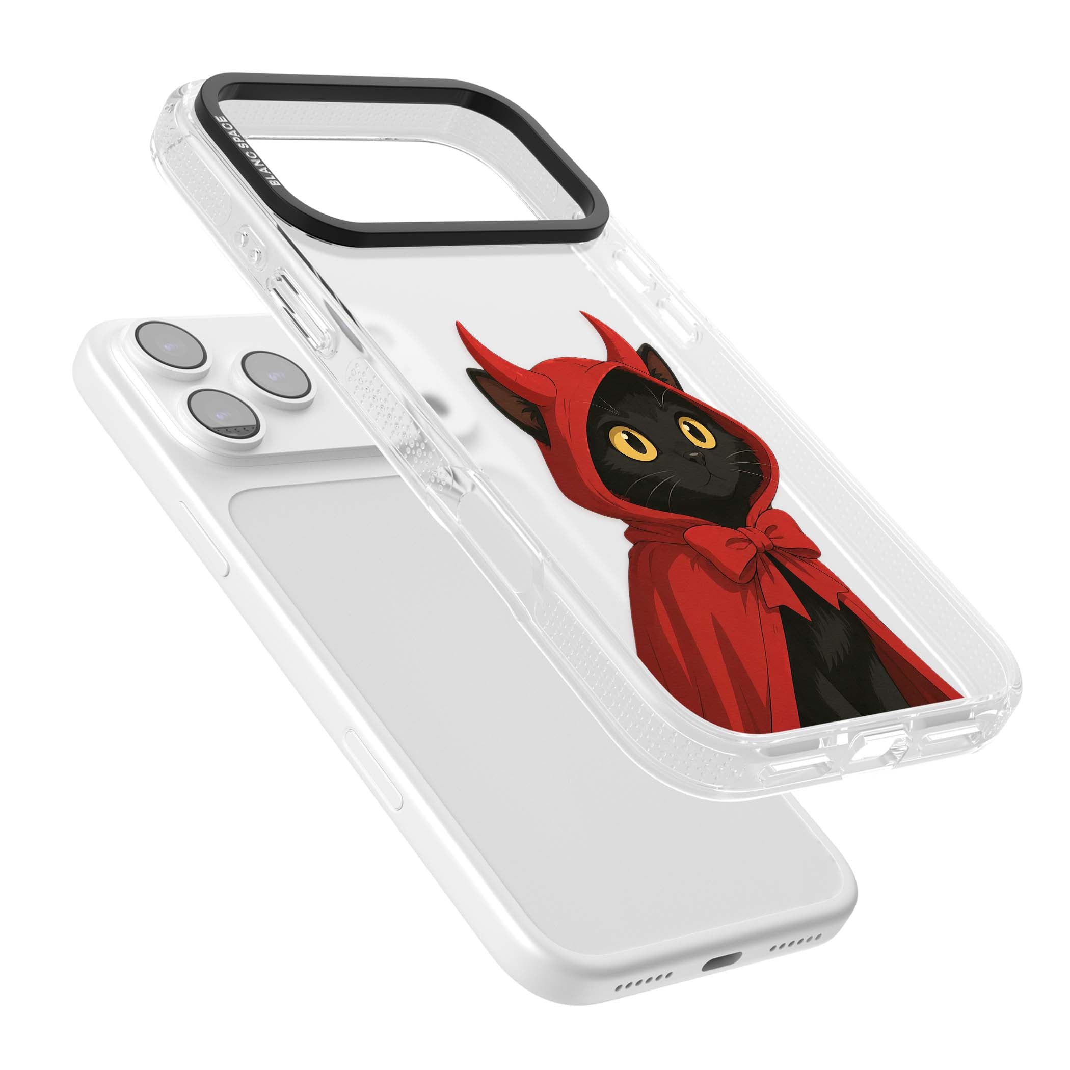 Little Devil halloween iPhone case featuring a black cat in a red hooded devil cloak with horns and golden eyes | Clear Case Impact Air case for iPhone 17 Pro, iPhone 17 Pro Max