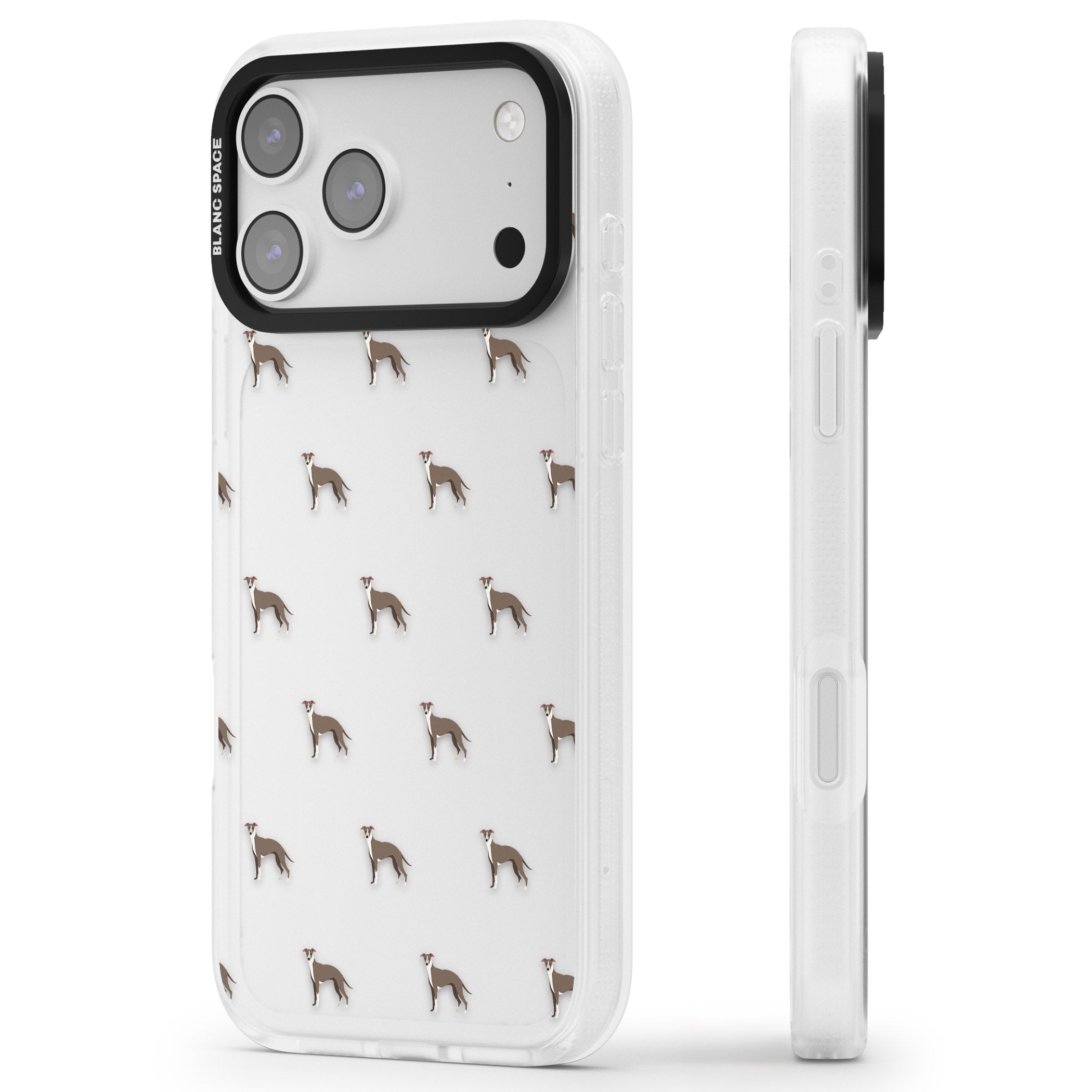 Whippet Dog Pattern Clear iPhone 17 Pro Impact Air Clear Phone Case Side Profile