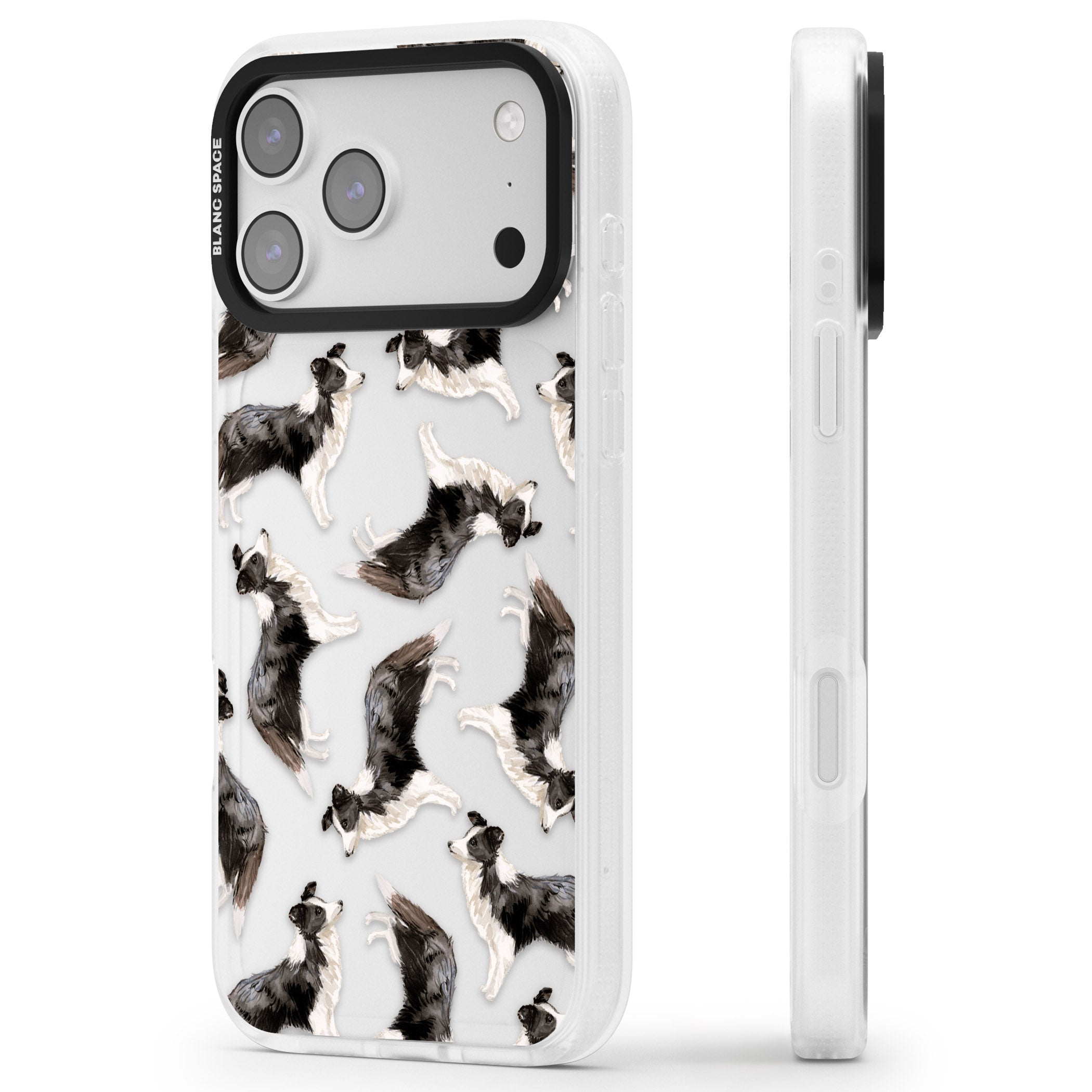 Border Collie Pattern Watercolour iPhone 17 Pro Impact Air Clear Phone Case Side Profile