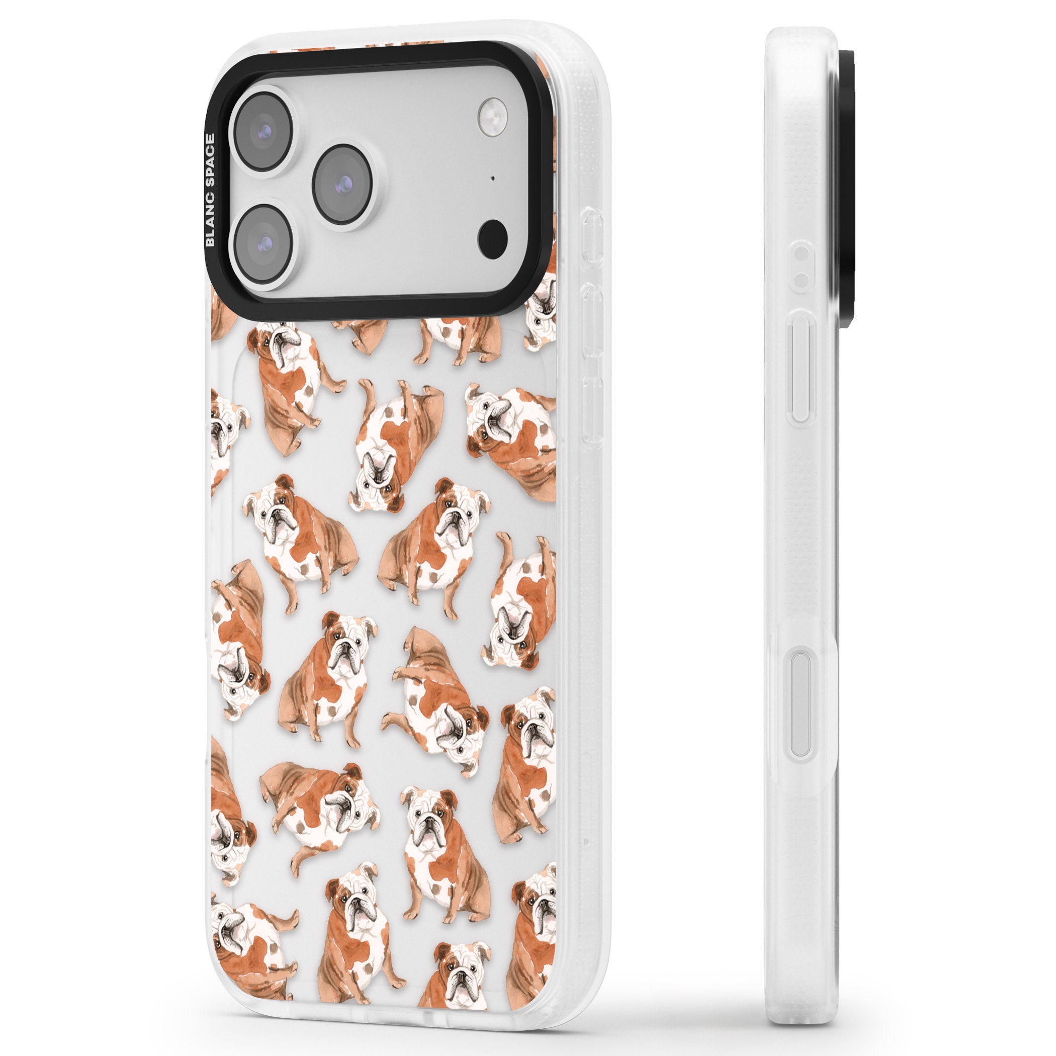 English Bulldog Watercolour Dog Pattern iPhone 17 Pro Impact Air Clear Phone Case Side Profile