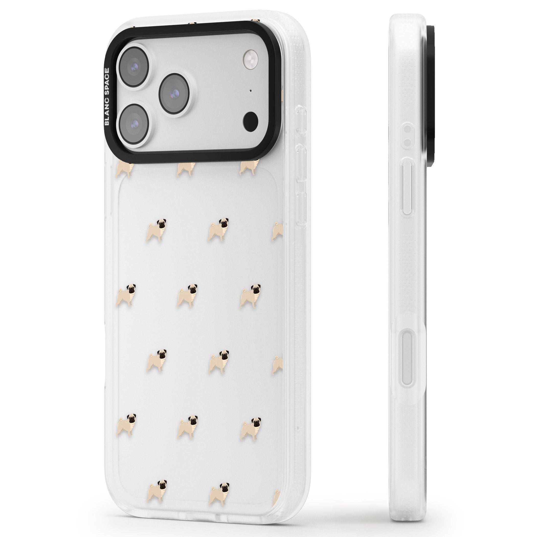 Pug Pattern iPhone 17 Pro Impact Air Clear Phone Case Side Profile