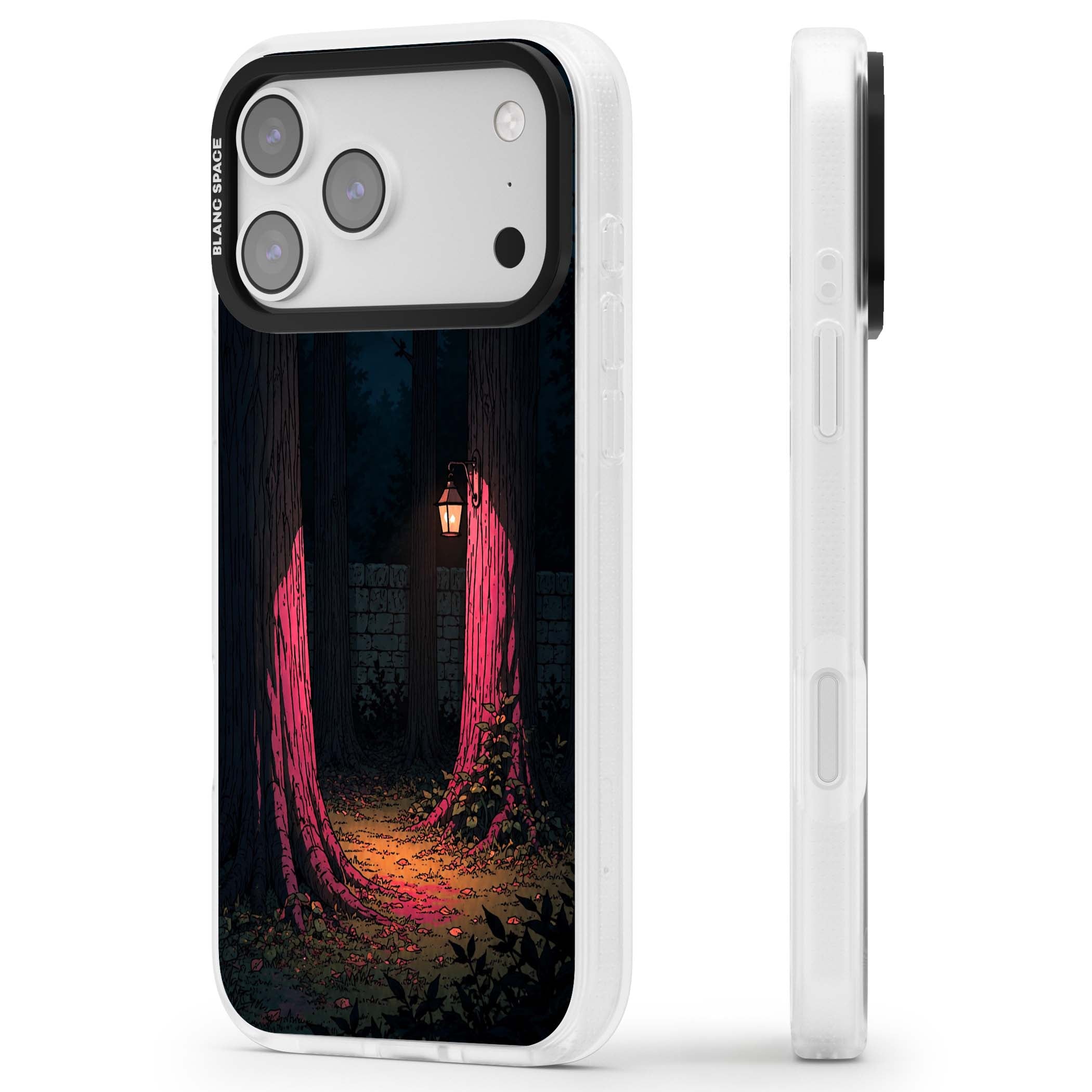 Forest Lantern dark academia iPhone case featuring a moonlit forest, glowing lantern, and stone wall pathway | Clear Case Impact Air case for iPhone 17 Pro, iPhone 17 Pro Max