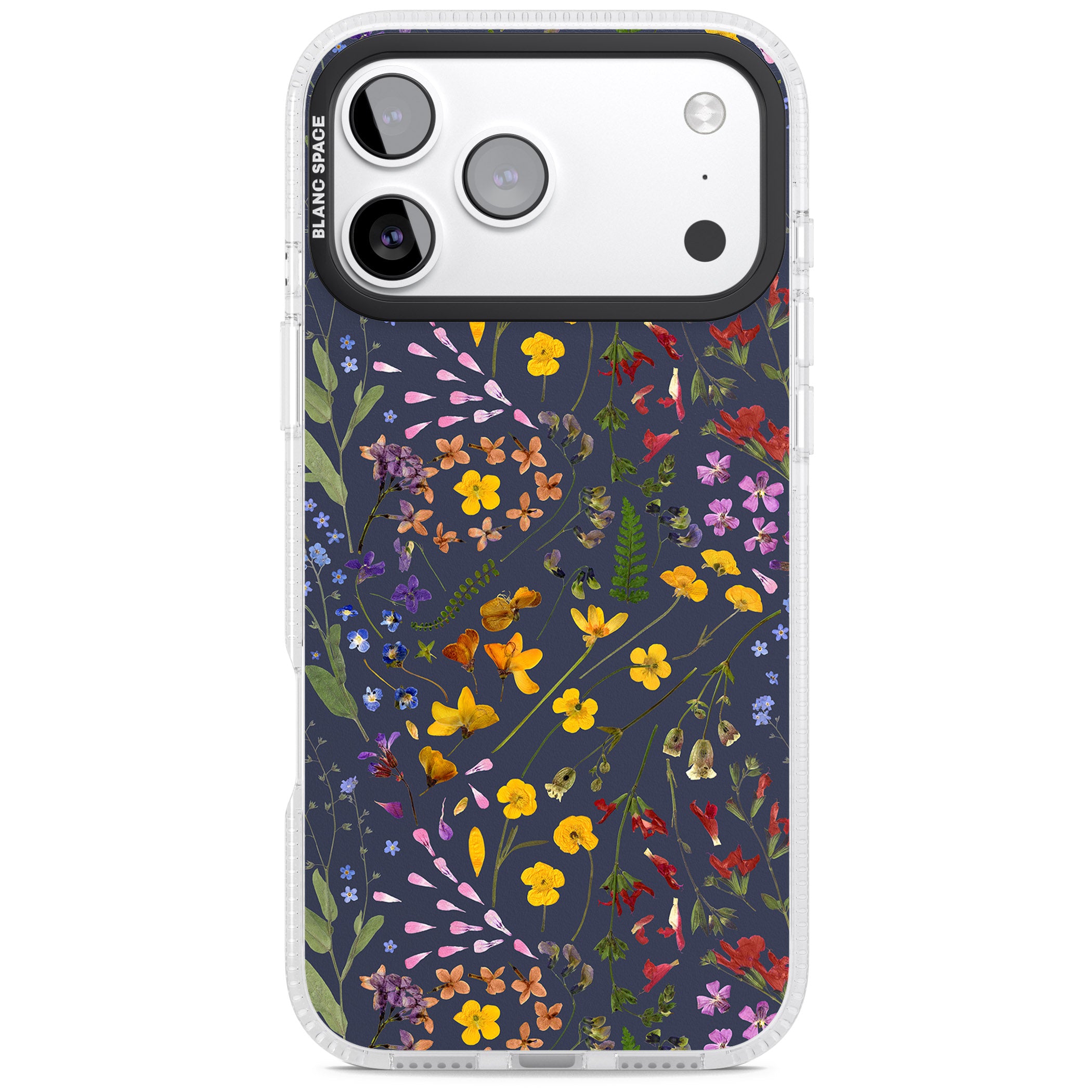 Wildflower Leaves Cluster Navy iPhone 17 Pro Impact Air Clear Phone Case
