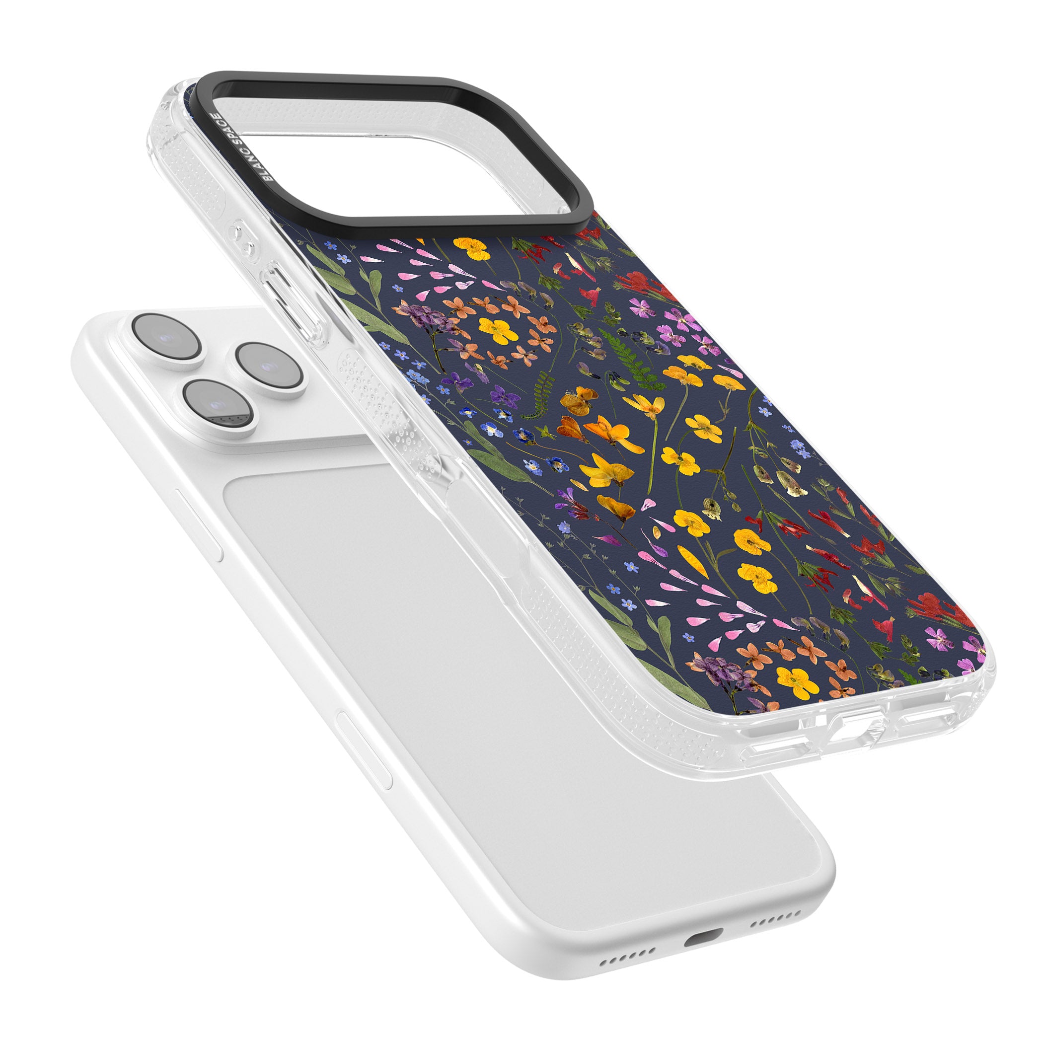 Wildflower Leaves Cluster Navy iPhone 17 Pro Impact Air Clear Phone Case Colours