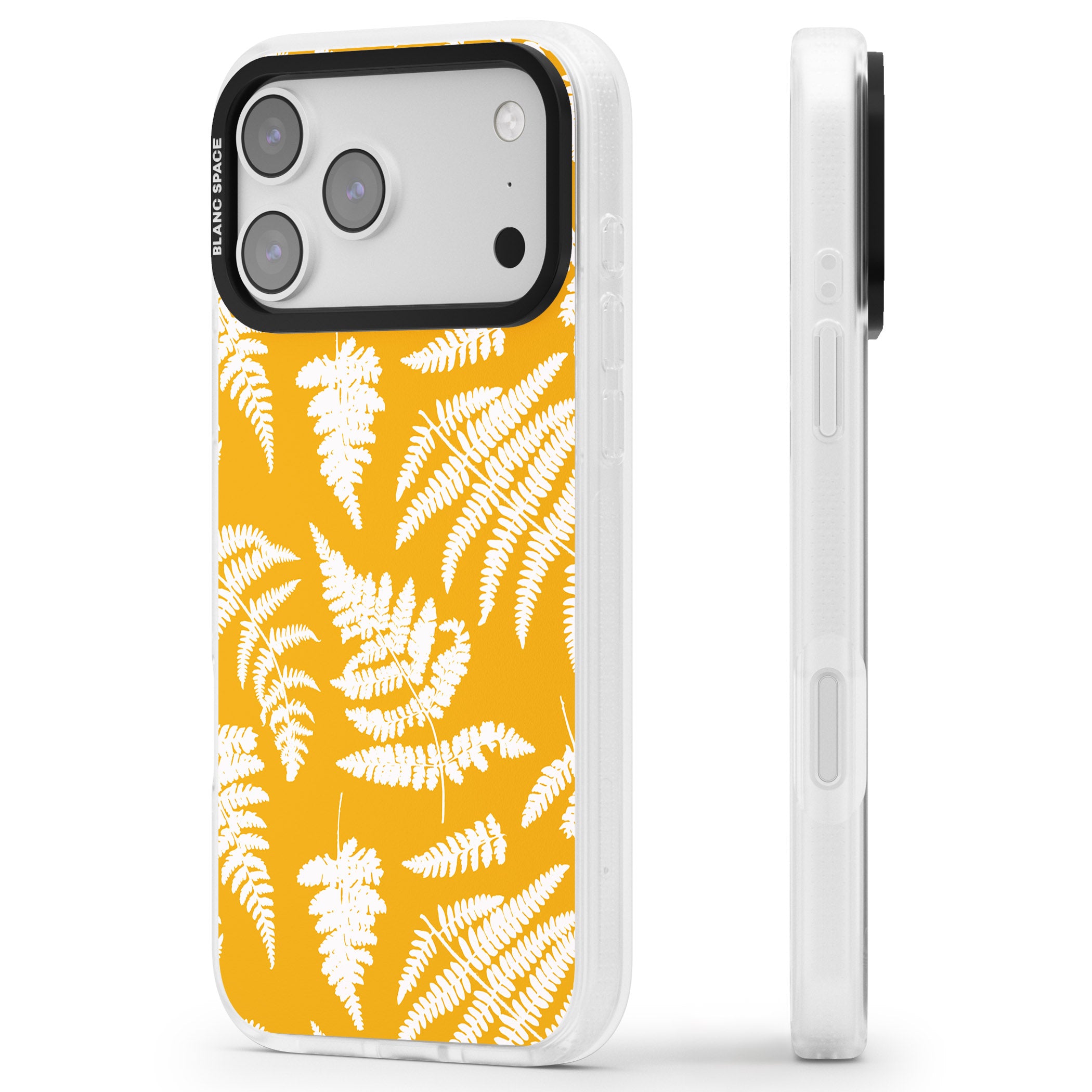 Fern Pattern On Yellow iPhone 17 Pro Impact Air Clear Phone Case Side Profile