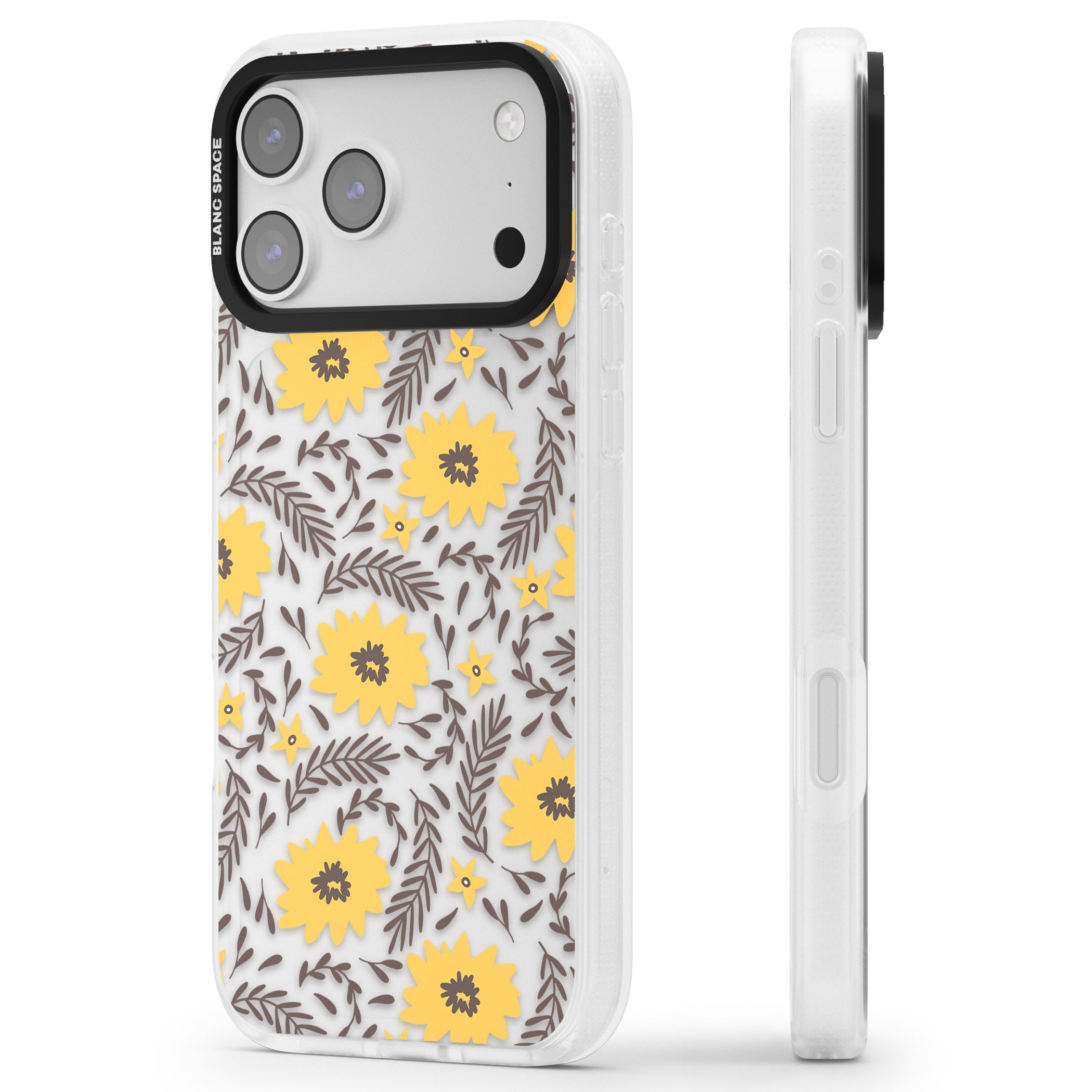 Yellow Blossoms Floral iPhone 17 Pro Max Impact Air Clear Phone Case Side Profile