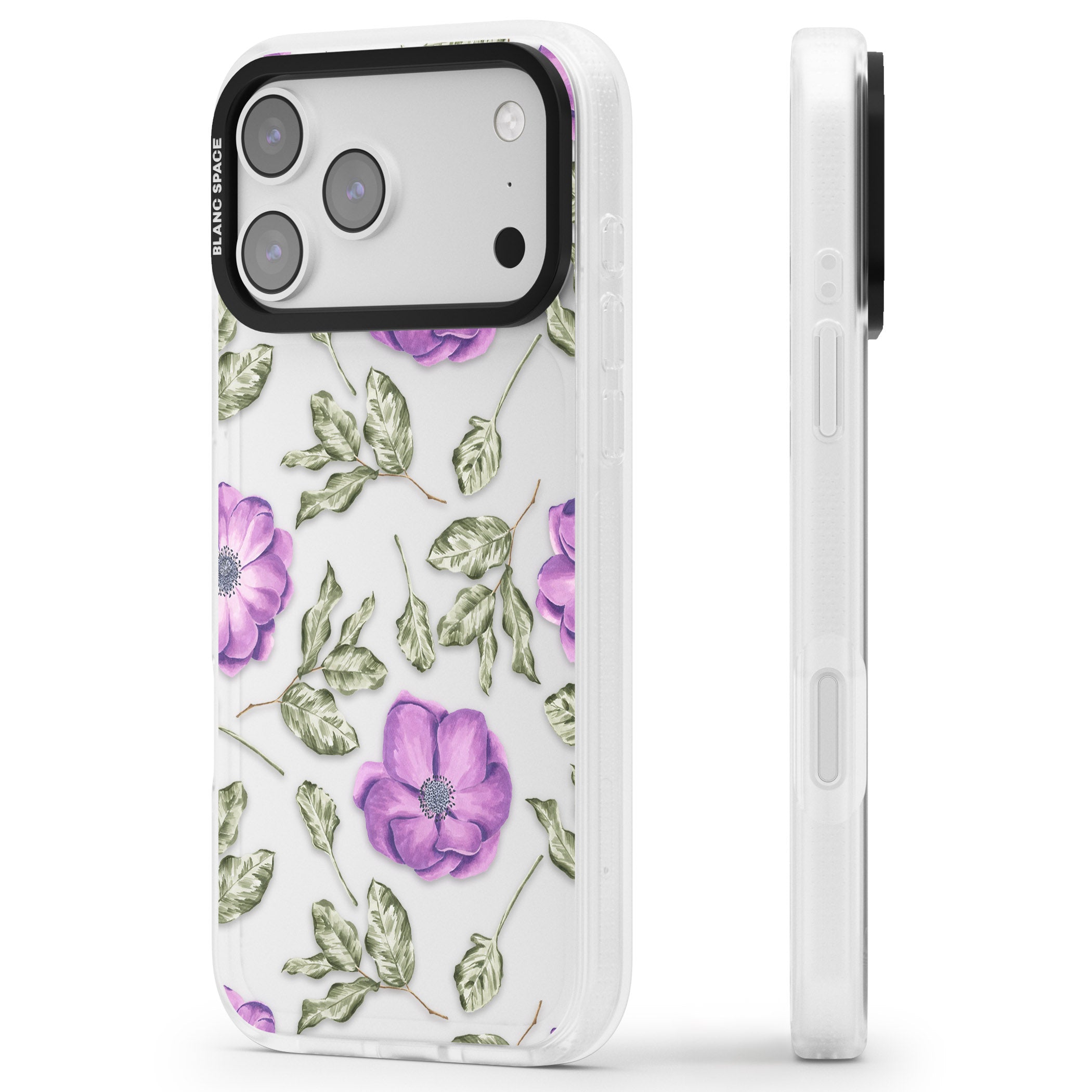 Purple Bloom Floral iPhone 17 Pro Impact Air Clear Phone Case Side Profile