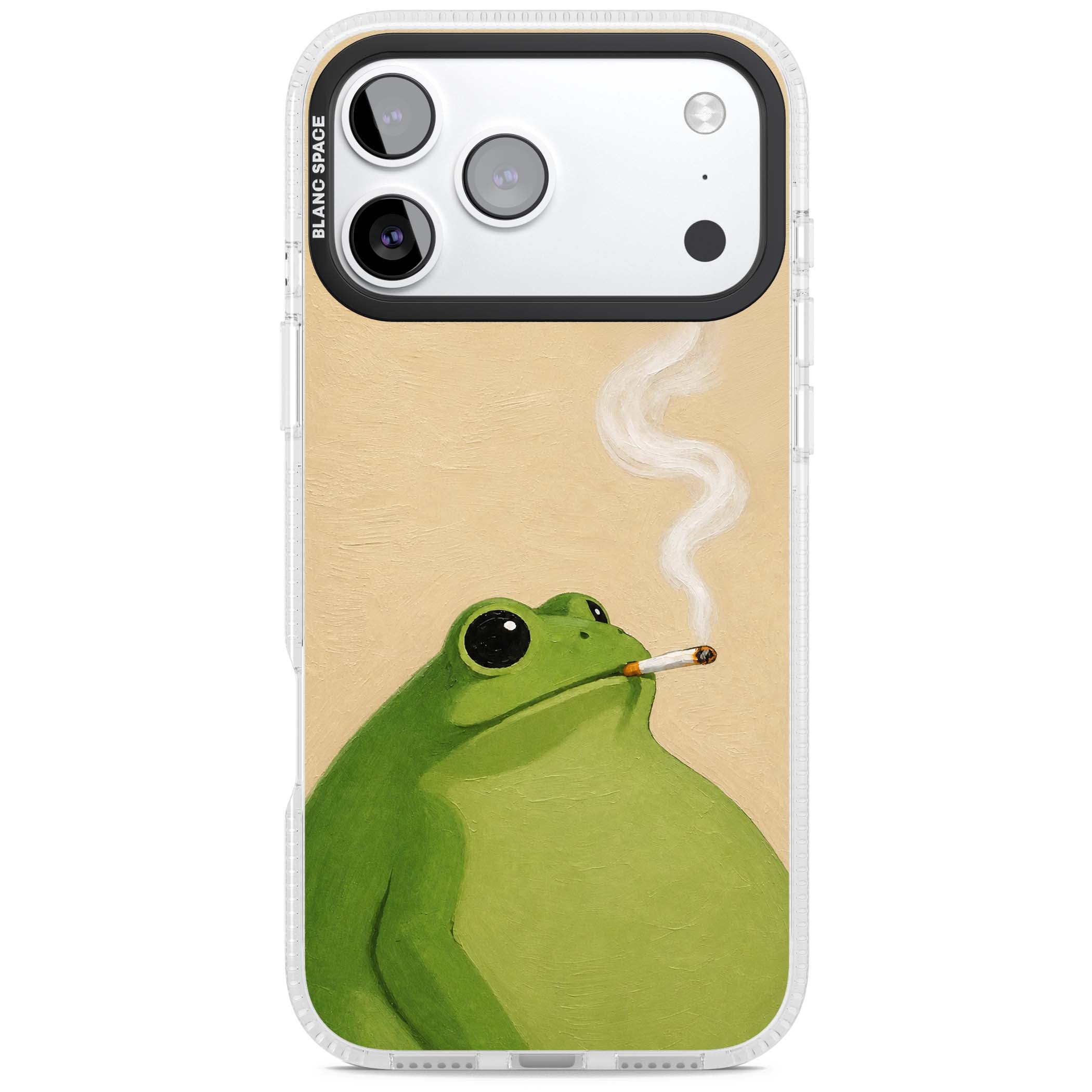 The Smoking Frog cottagecore iPhone case featuring a hand-painted green frog smoking a cigarette on a cream oil painting back | Clear Case Impact Air case for iPhone 17 Pro, iPhone 17 Pro Max