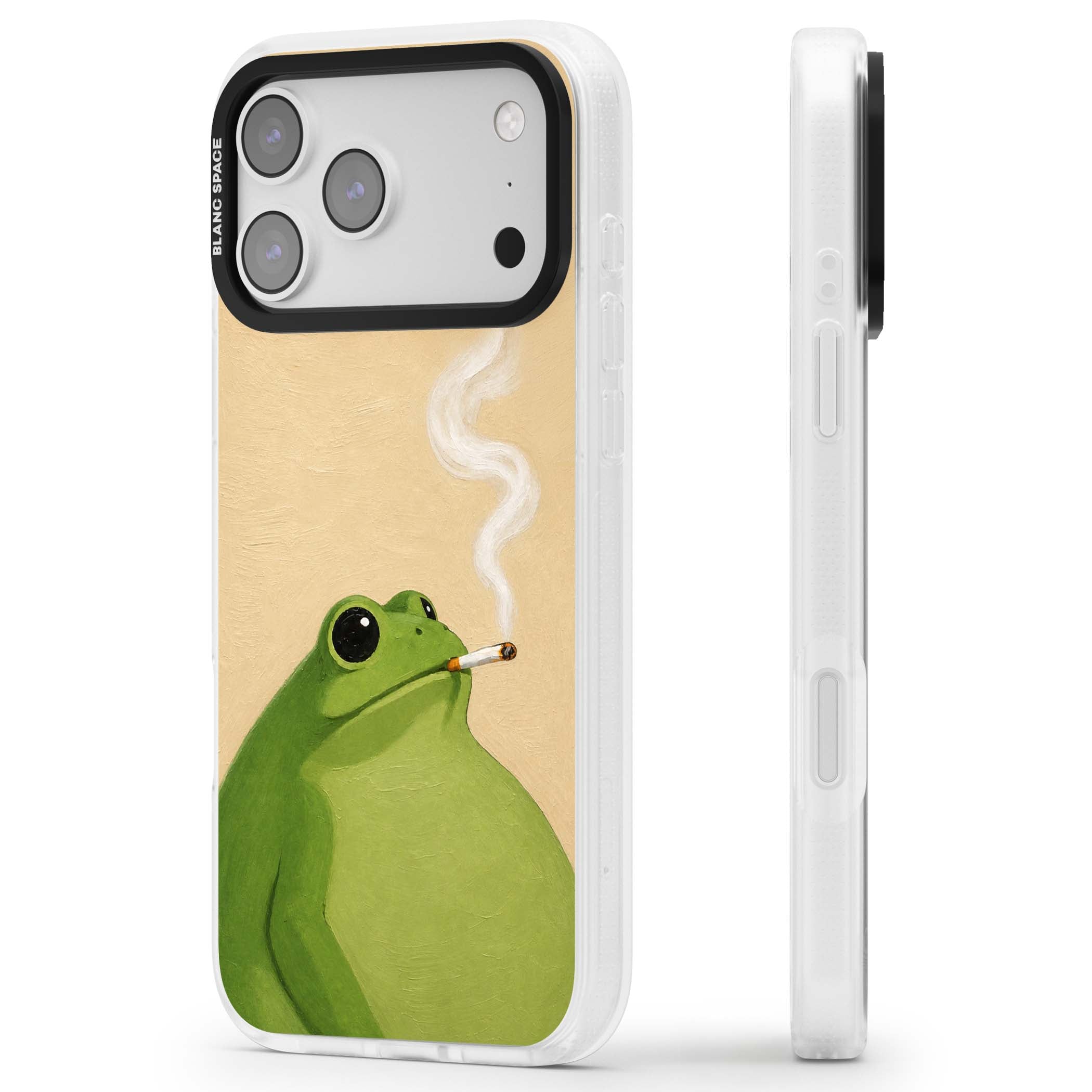 The Smoking Frog cottagecore iPhone case featuring a hand-painted green frog smoking a cigarette on a cream oil painting back | Clear Case Impact Air case for iPhone 17 Pro, iPhone 17 Pro Max