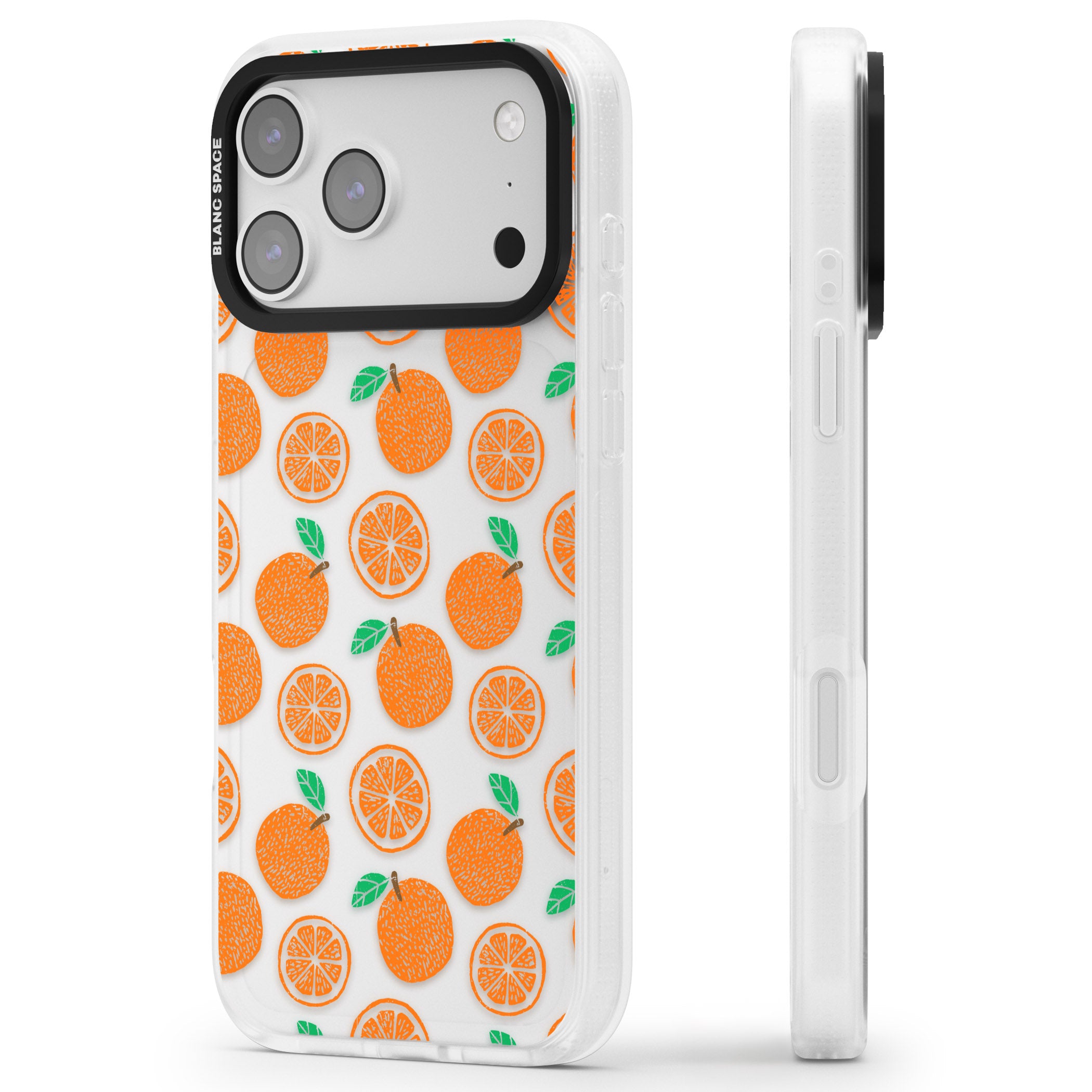 Orange Pattern iPhone 17 Pro Impact Air Clear Phone Case Side Profile