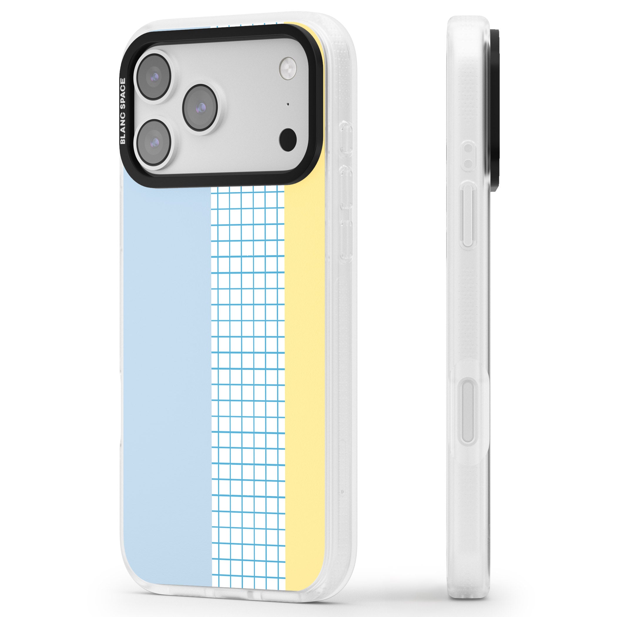 Abstract Grid Blue & Yellow iPhone 17 Pro Impact Air Clear Phone Case Side Profile