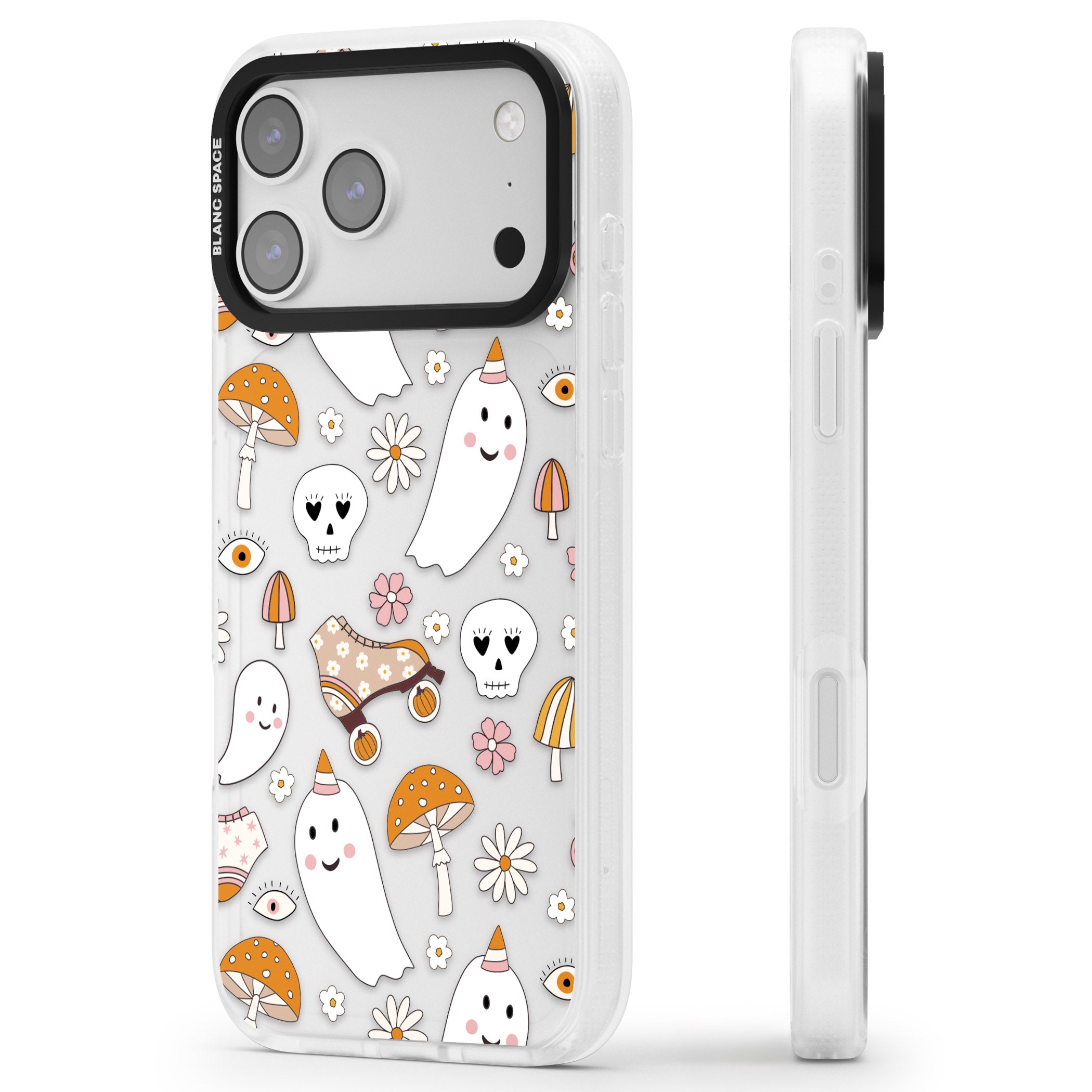 Cute Ghost And Skulls Pattern iPhone 17 Pro Impact Air Clear Phone Case Side Profile