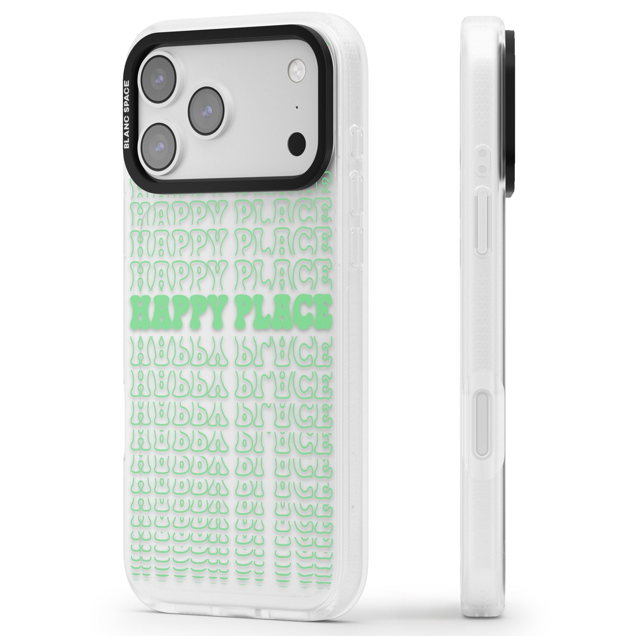 Happy Place (Green) iPhone 17 Pro Impact Air Clear Phone Case Side Profile