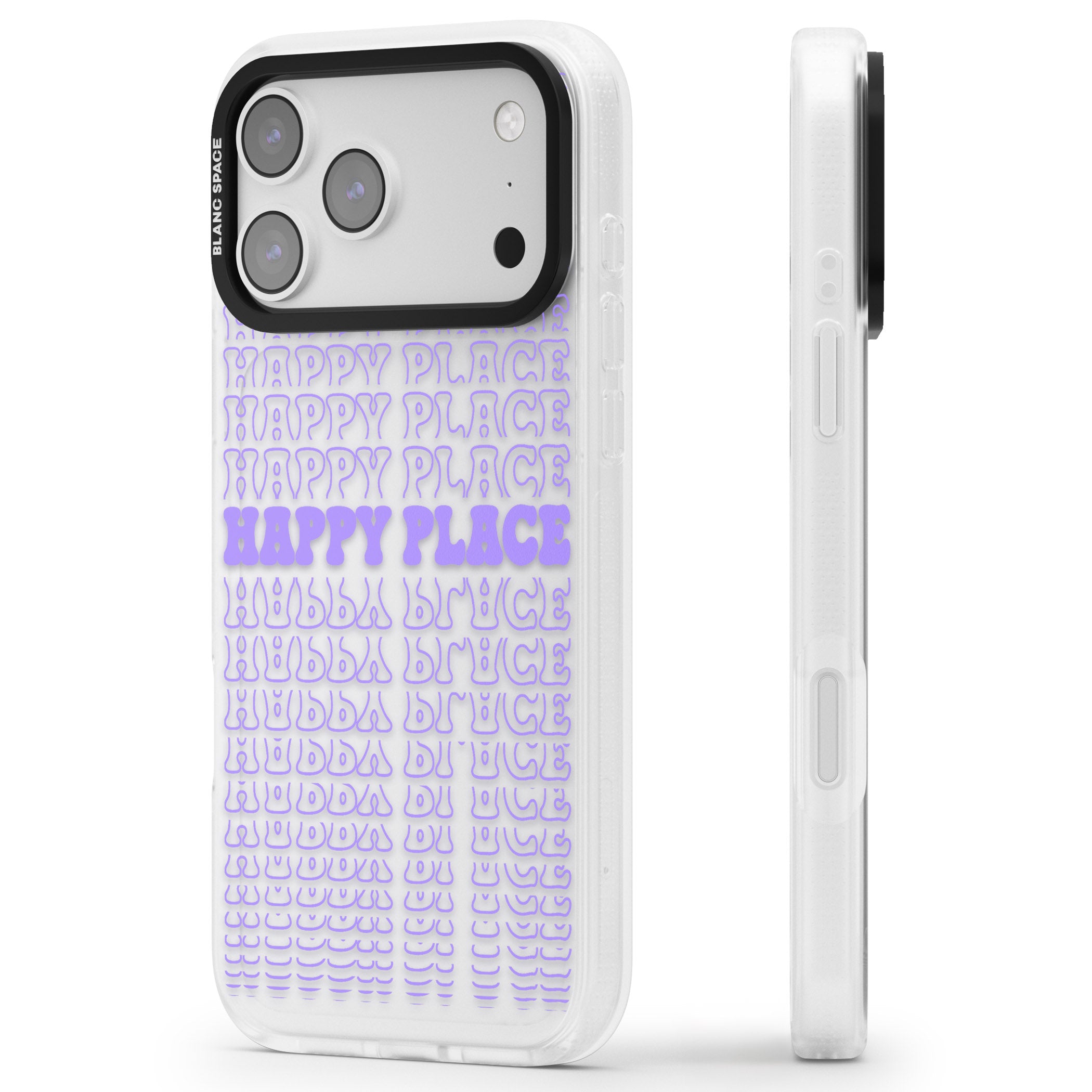 Happy Place (Purple) iPhone 17 Pro Impact Air Clear Phone Case Side Profile