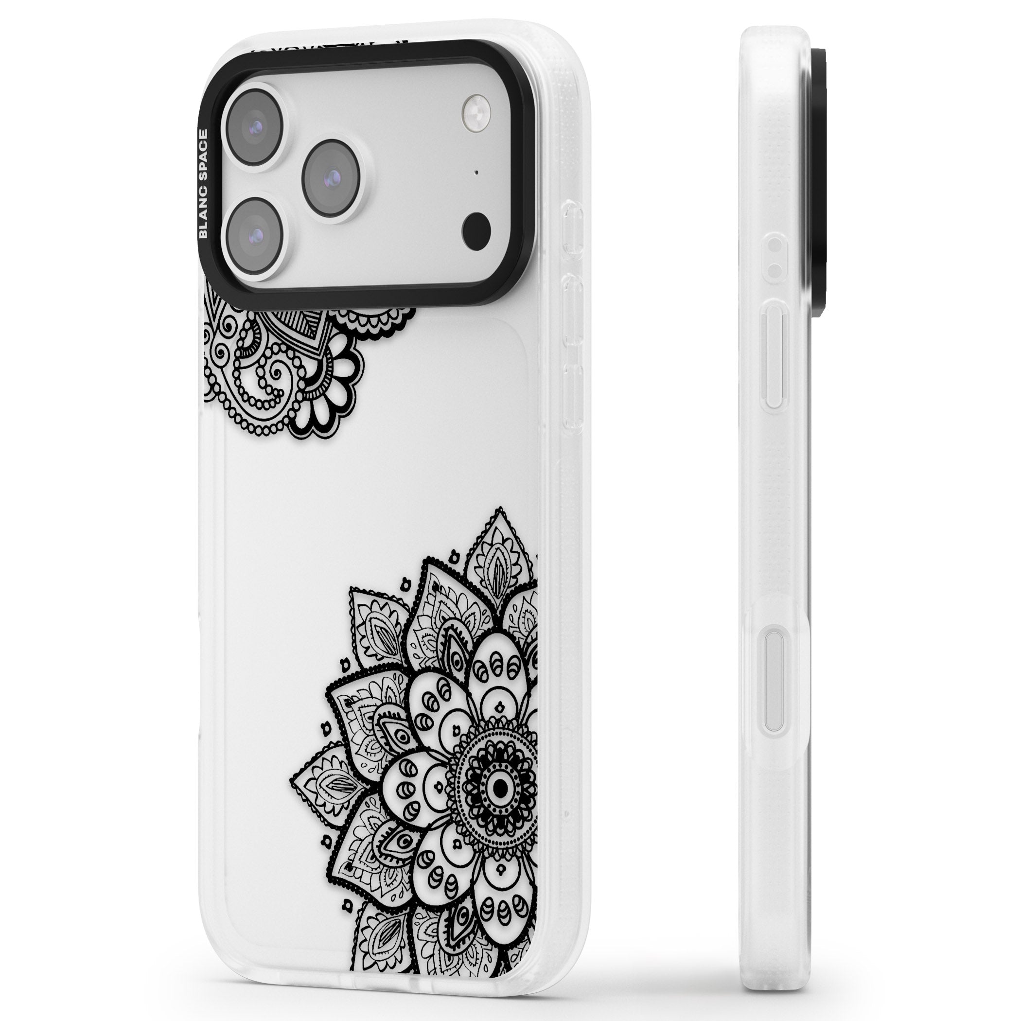 Black Henna Florals iPhone 17 Pro Impact Air Clear Phone Case Side Profile
