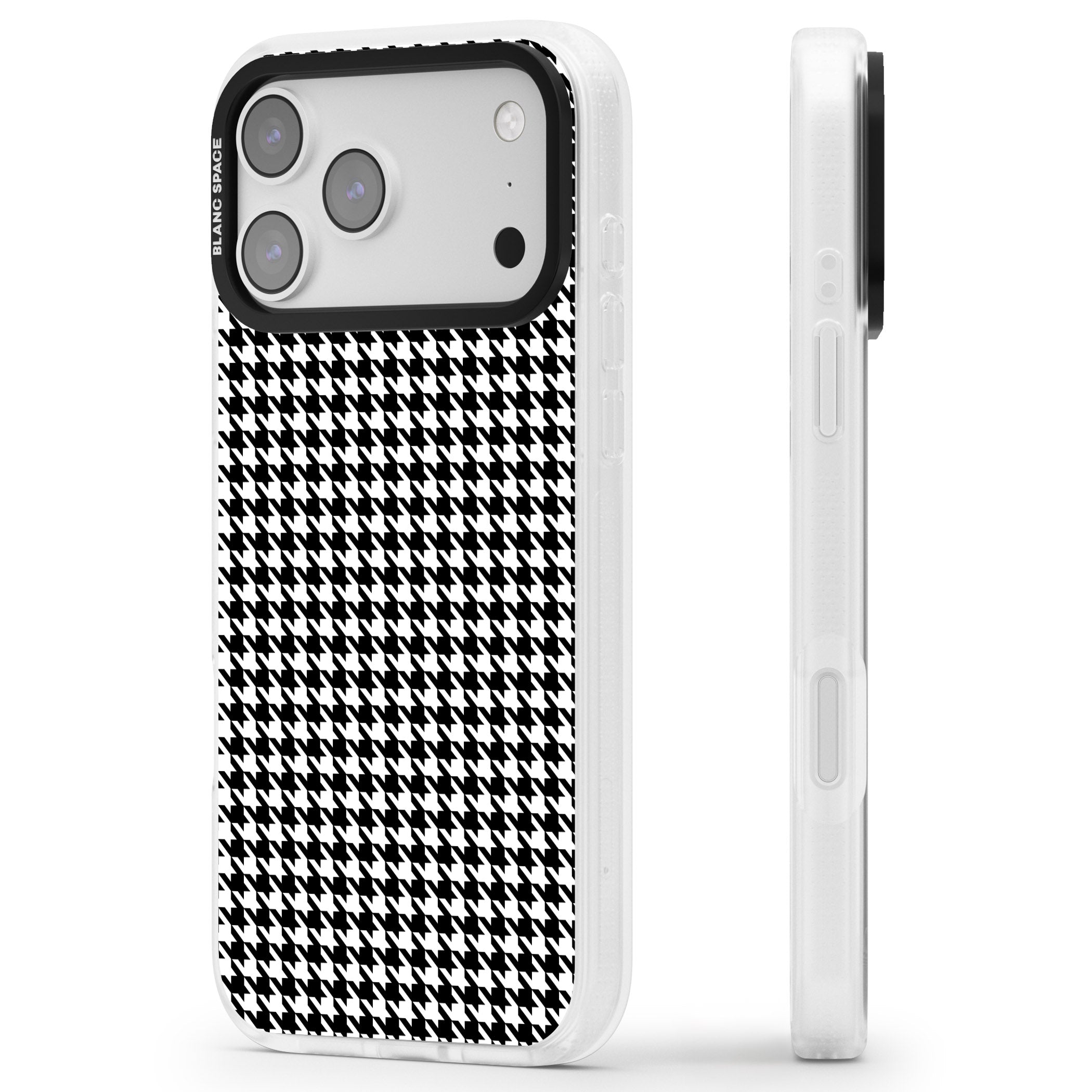 Black Houndstooth Pattern iPhone 17 Pro Impact Air Clear Phone Case Side Profile