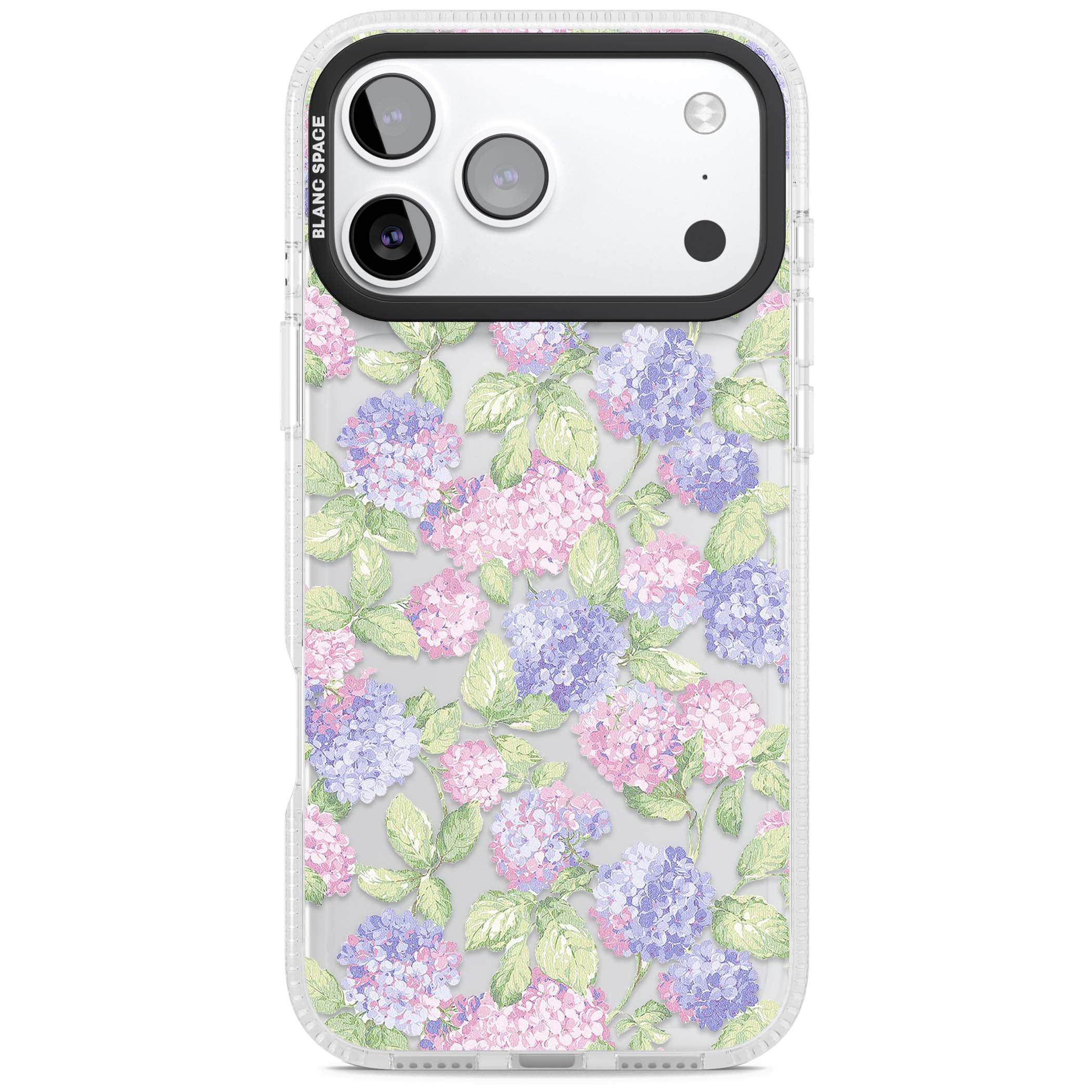 Cottage Hydrangea cottagecore iPhone case featuring pink and purple hydrangea blooms with green leaves on a clear background | Clear Case Impact Air case for iPhone 17 Pro, iPhone 17 Pro Max