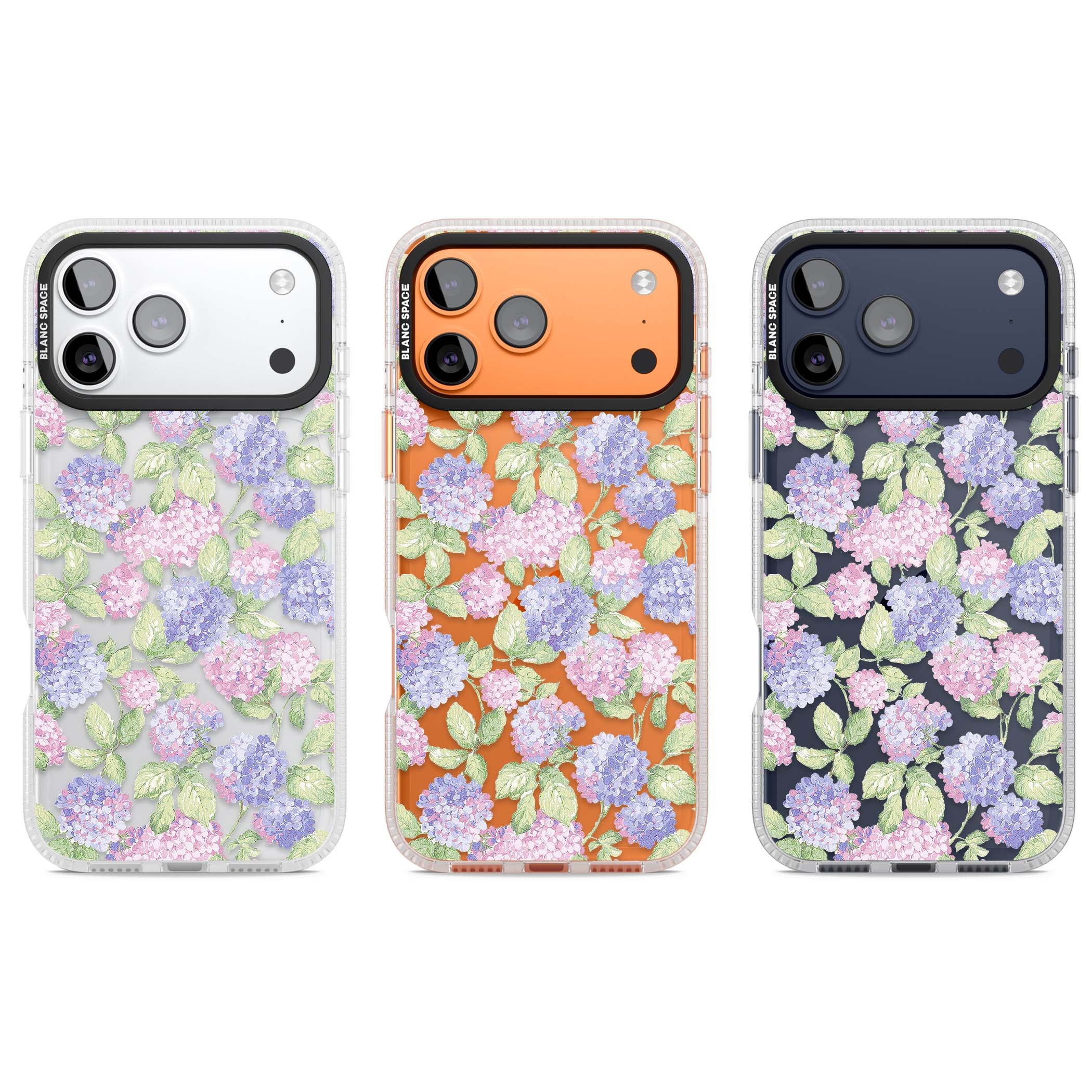Cottage Hydrangea cottagecore iPhone case featuring pink and purple hydrangea blooms with green leaves on a clear background | Clear Case Impact Air case for iPhone 17 Pro, iPhone 17 Pro Max