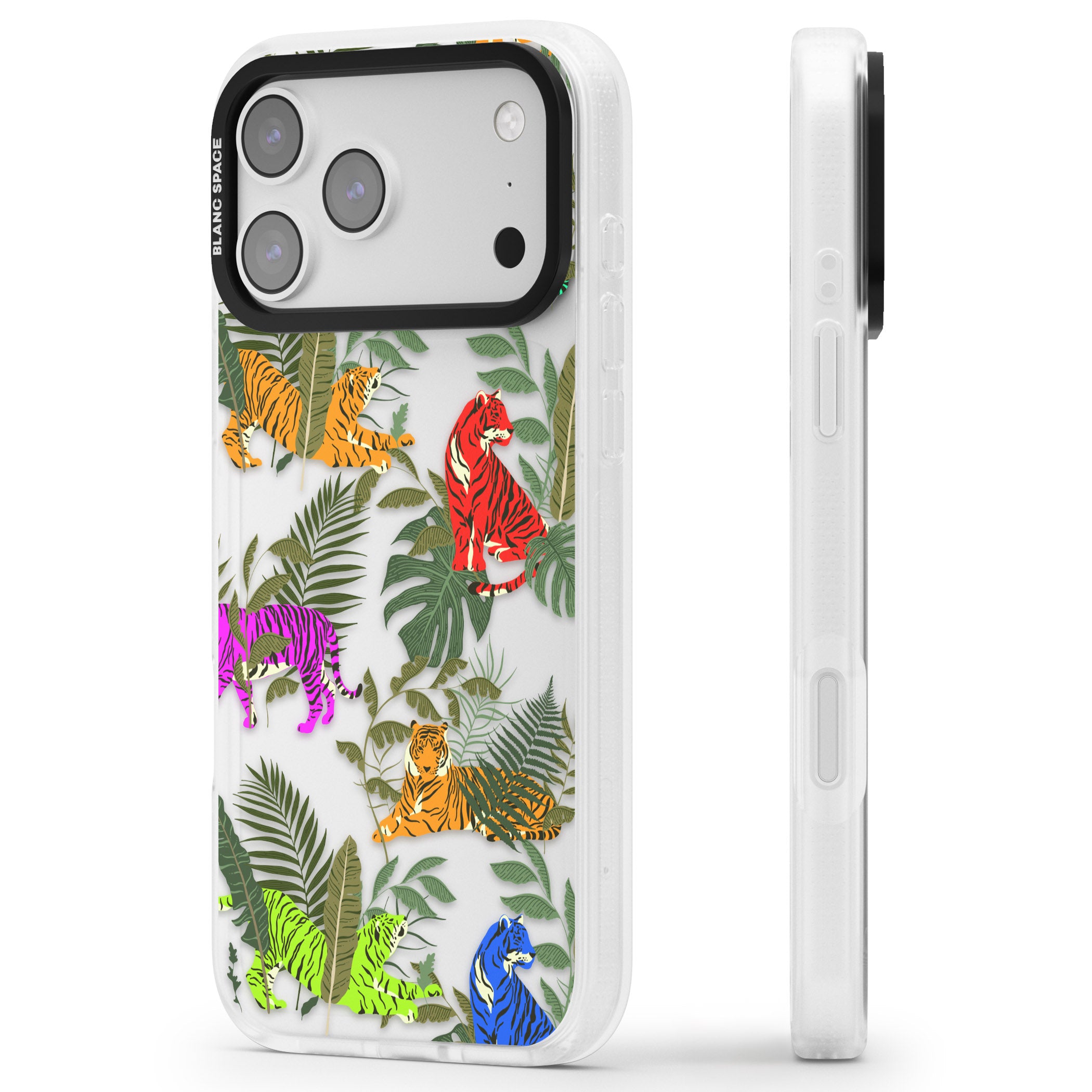 Colorful Jungle Tiger iPhone 17 Pro Impact Air Clear Phone Case Side Profile