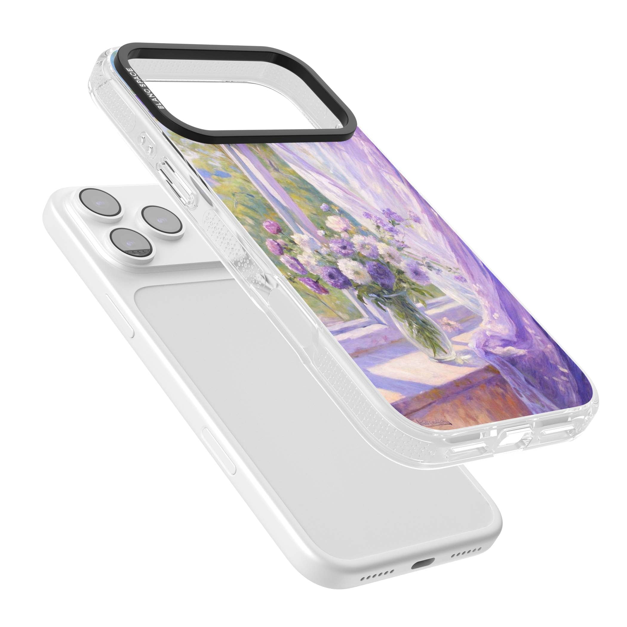 A Provence Morning impressionist art iPhone case featuring a vase of purple flowers, sunlit window and sheer curt | Clear Case Impact Air case for iPhone 17 Pro, iPhone 17 Pro Max