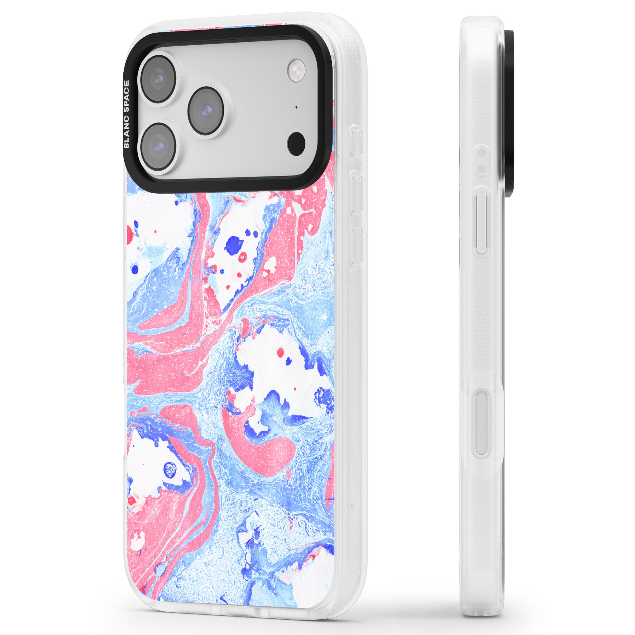 Pink, Blue & White Marbled Paper Pattern iPhone 17 Pro Max Impact Air Clear Phone Case Side Profile
