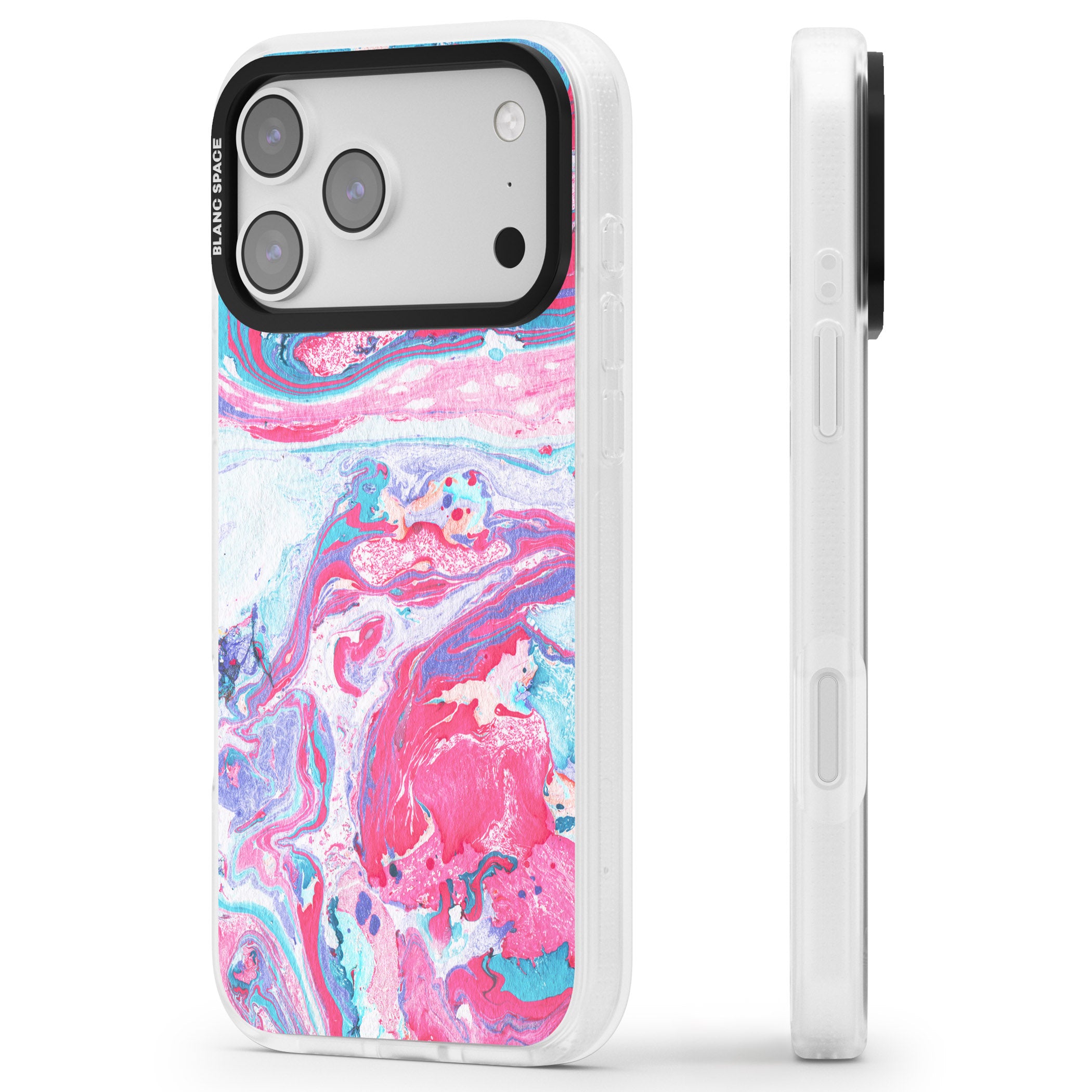 Pink, Blue & Purple Marbled Paper Pattern iPhone 17 Pro Impact Air Clear Phone Case Side Profile
