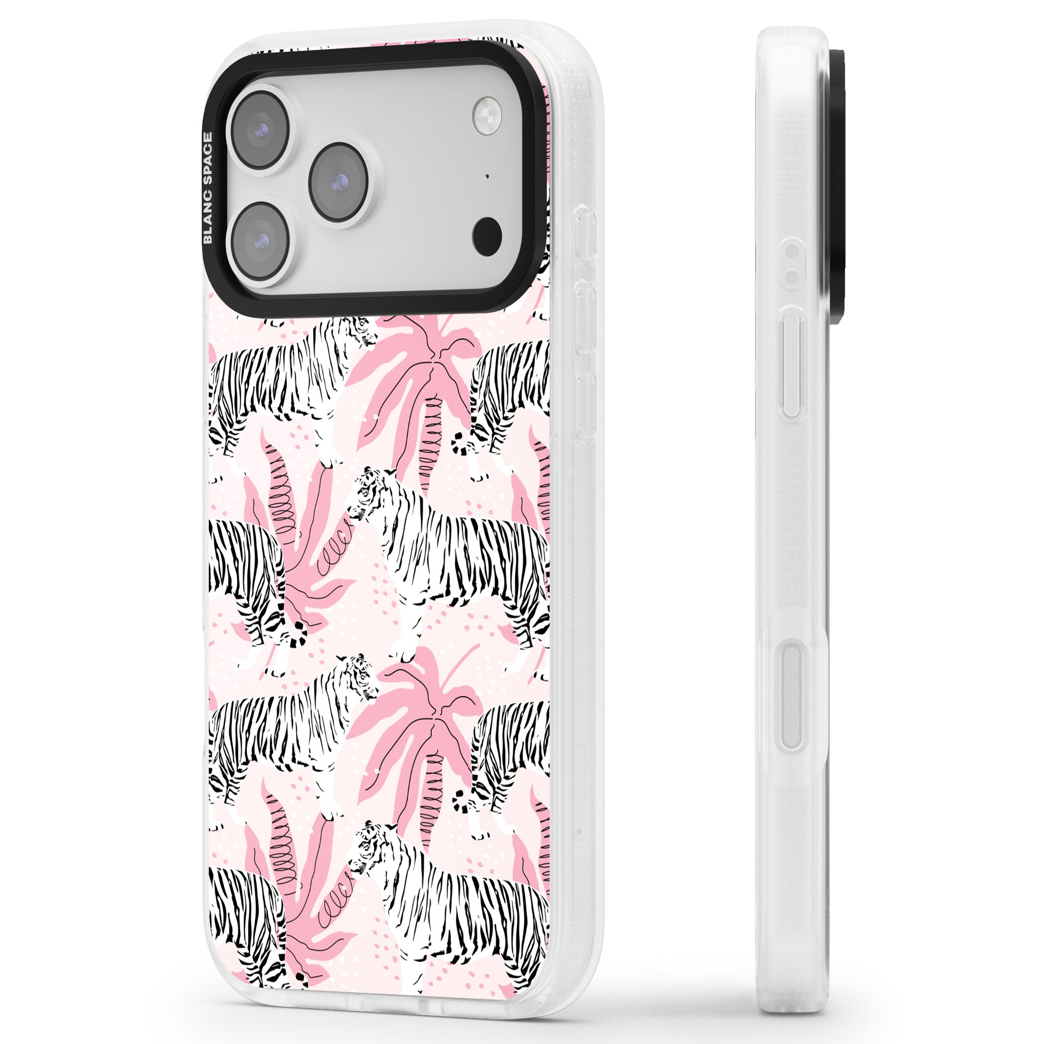 Pink Tiger Palm iPhone 17 Pro Impact Air Clear Phone Case Side Profile