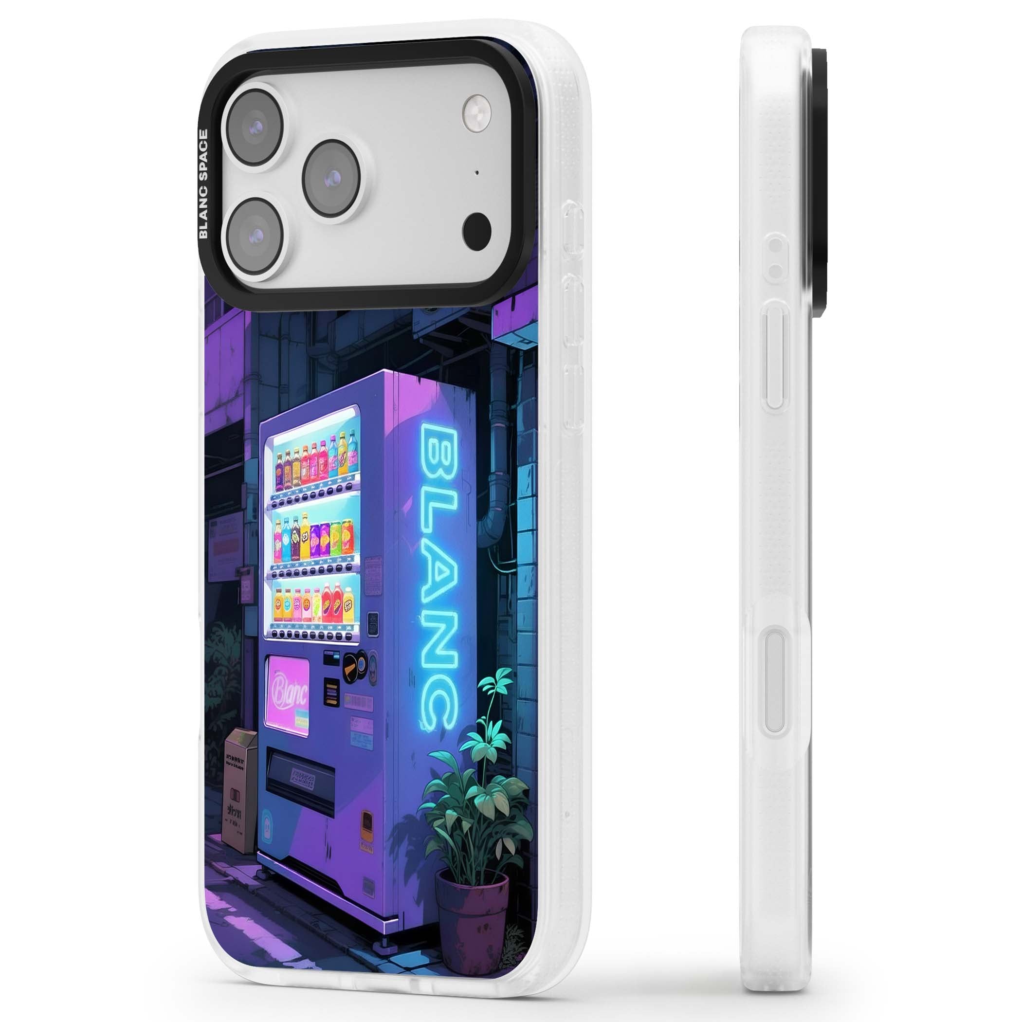 Shibuya Glow Japanese iPhone case featuring a glowing Tokyo vending machine, neon signage, and moody purple alleyway | Clear Case Impact Air case for iPhone 17 Pro, iPhone 17 Pro Max