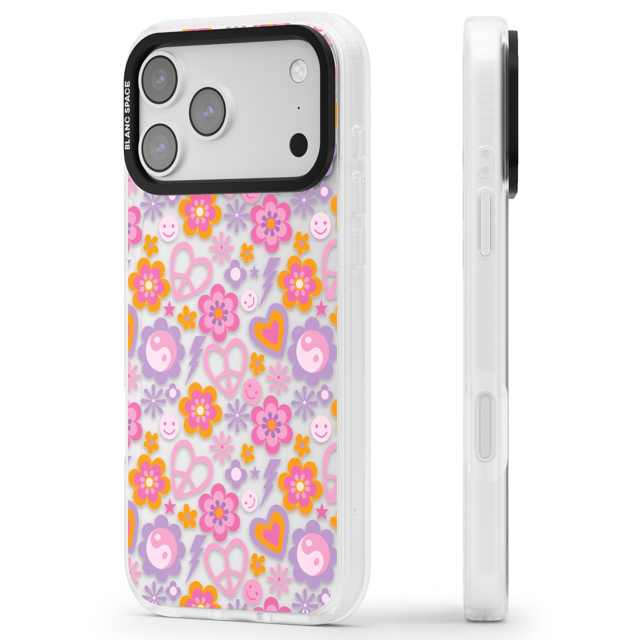 Peace, Love And Flowers Pattern iPhone 17 Pro Impact Air Clear Phone Case Side Profile