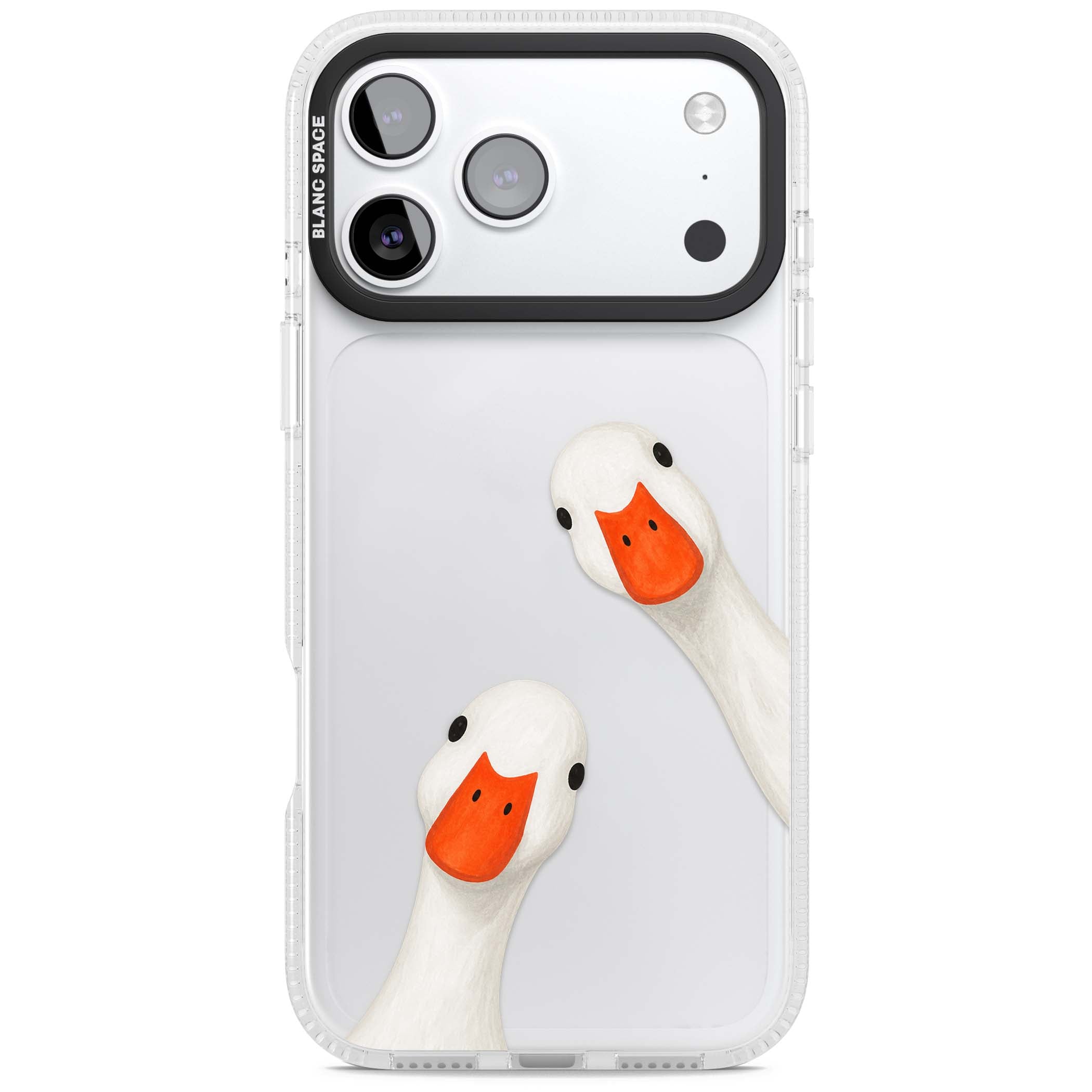 Nosy Ducks cottagecore iPhone case featuring two peeking white ducks with orange beaks on a clear background | Clear Case Impact Air case for iPhone 17 Pro, iPhone 17 Pro Max