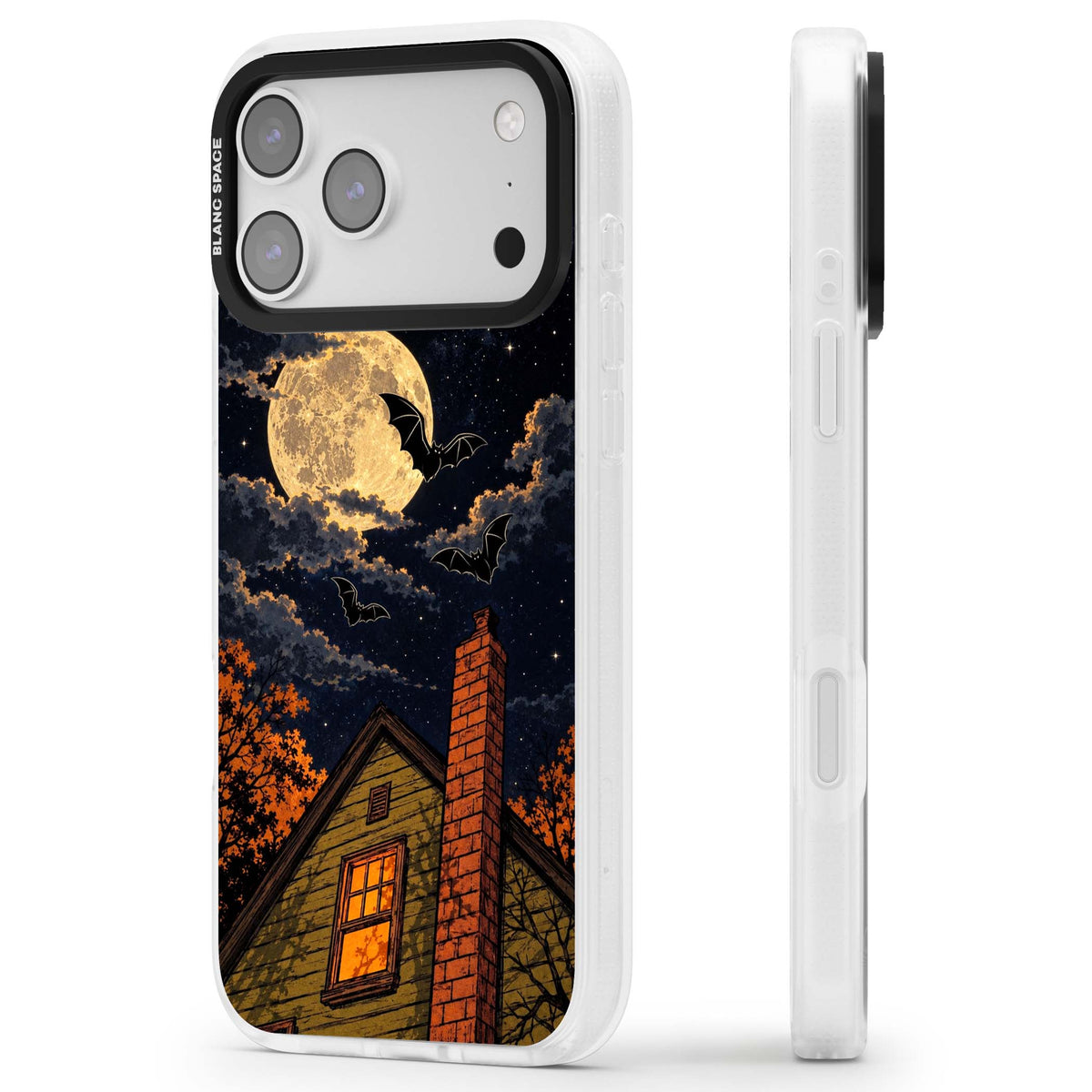 Hollows Eve Halloween iPhone case featuring a haunted house, full moon and flying bats against a starry autumn sky | Clear Case Impact Air case for iPhone 17 Pro, iPhone 17 Pro Max