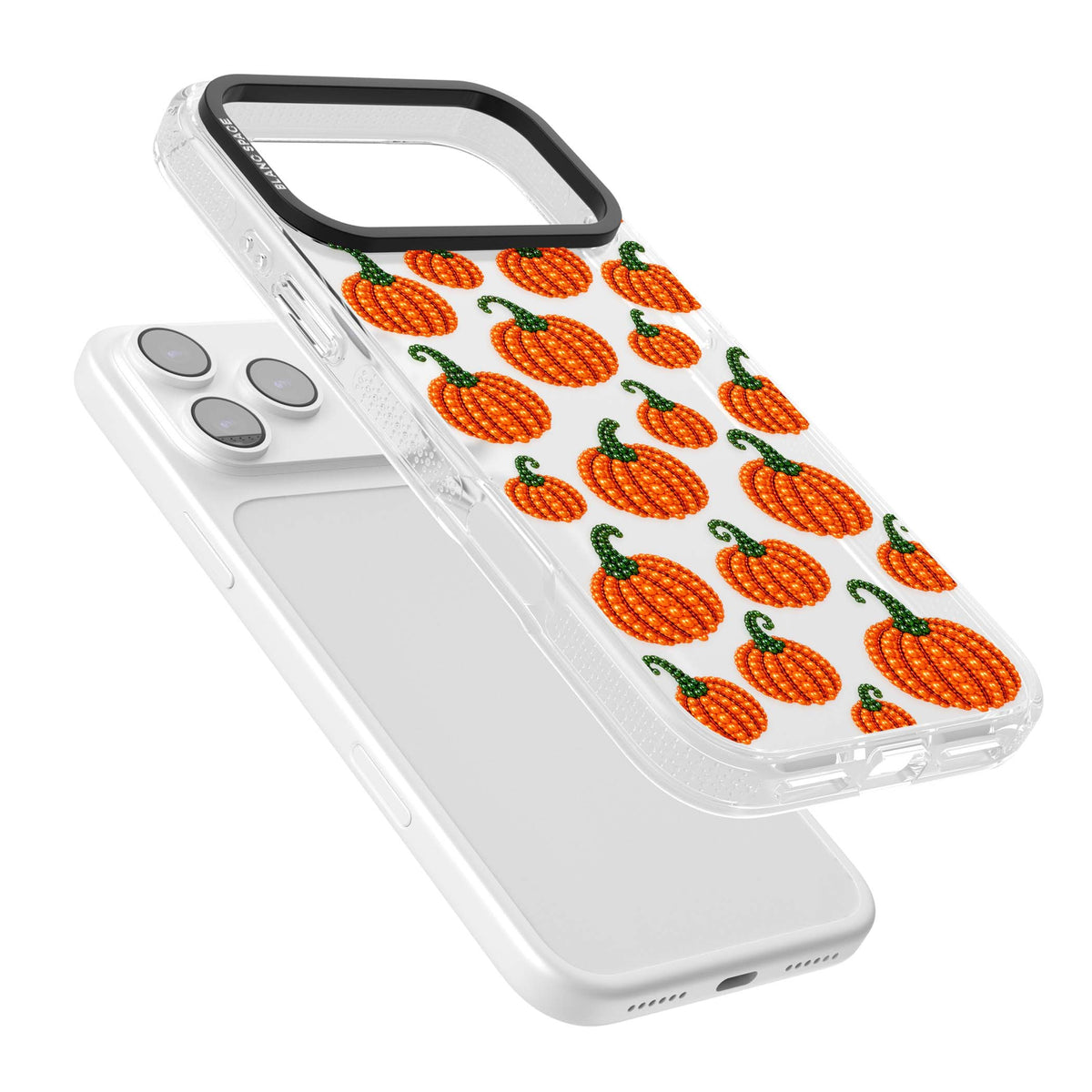 Beaded Pumpkins halloween iPhone case featuring beaded orange pumpkins with green stems on a clear background | Clear Case Impact Air case for iPhone 17 Pro, iPhone 17 Pro Max