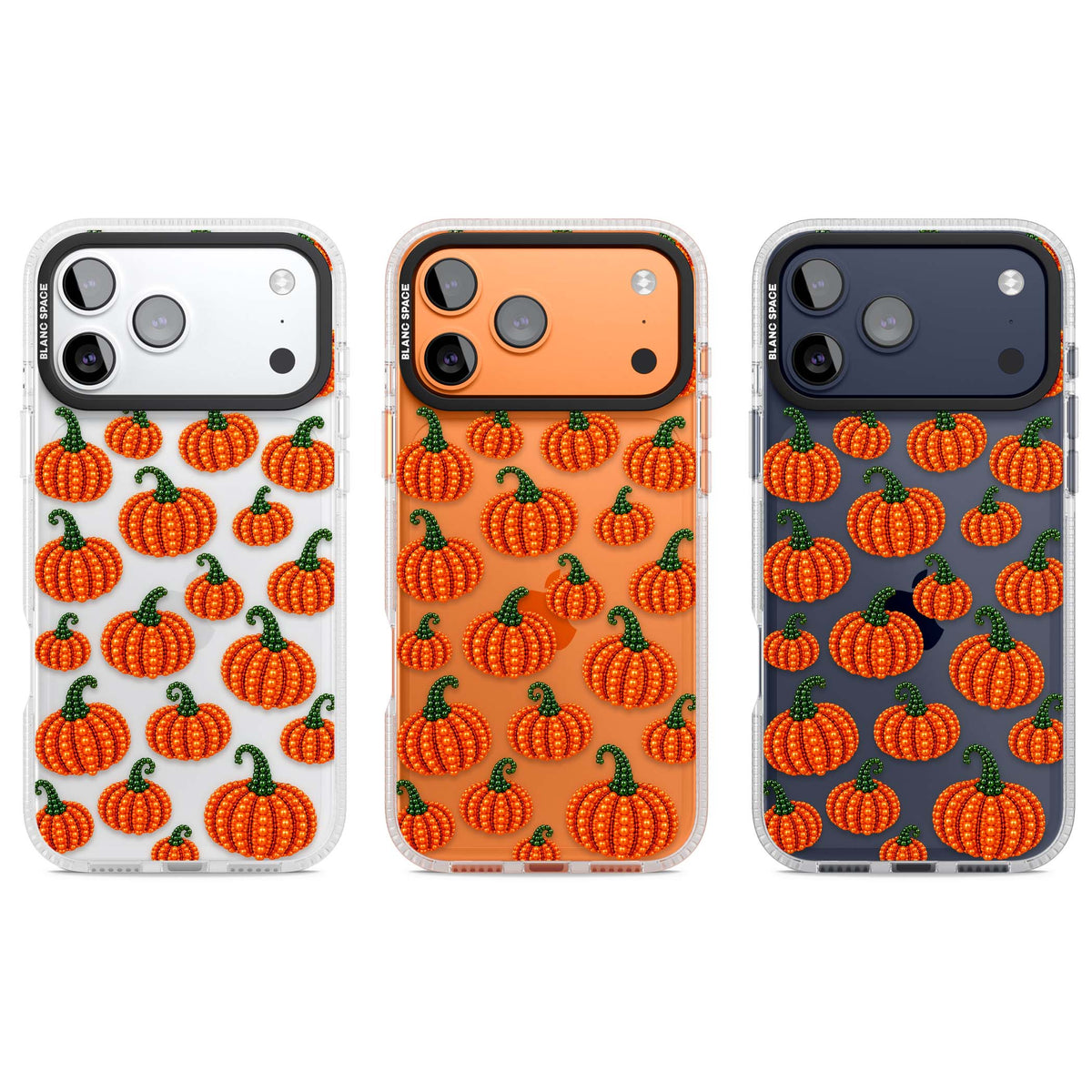 Beaded Pumpkins halloween iPhone case featuring beaded orange pumpkins with green stems on a clear background | Clear Case Impact Air case for iPhone 17 Pro, iPhone 17 Pro Max