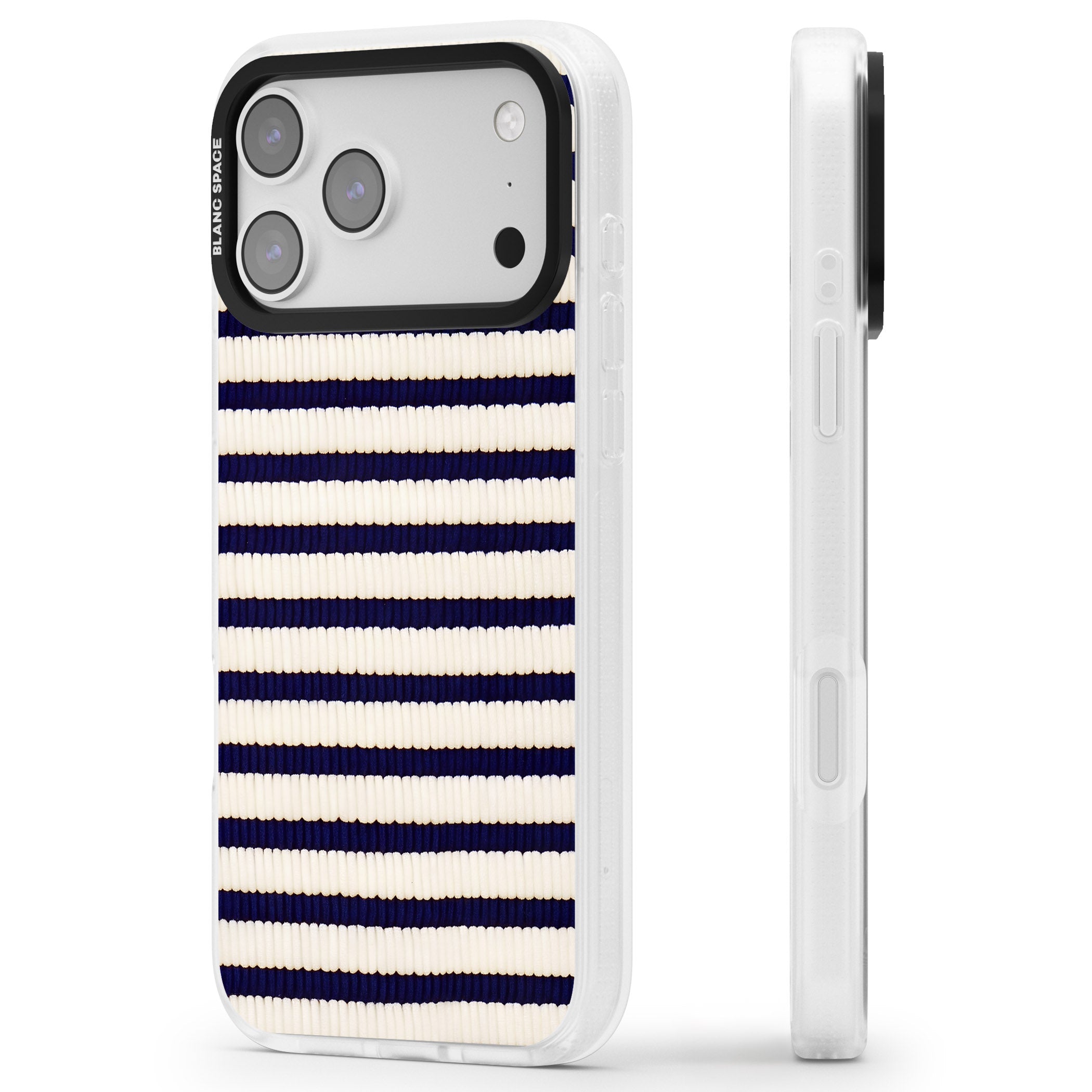 Navy & Cream Stripes iPhone 17 Pro Impact Air Clear Phone Case Side Profile