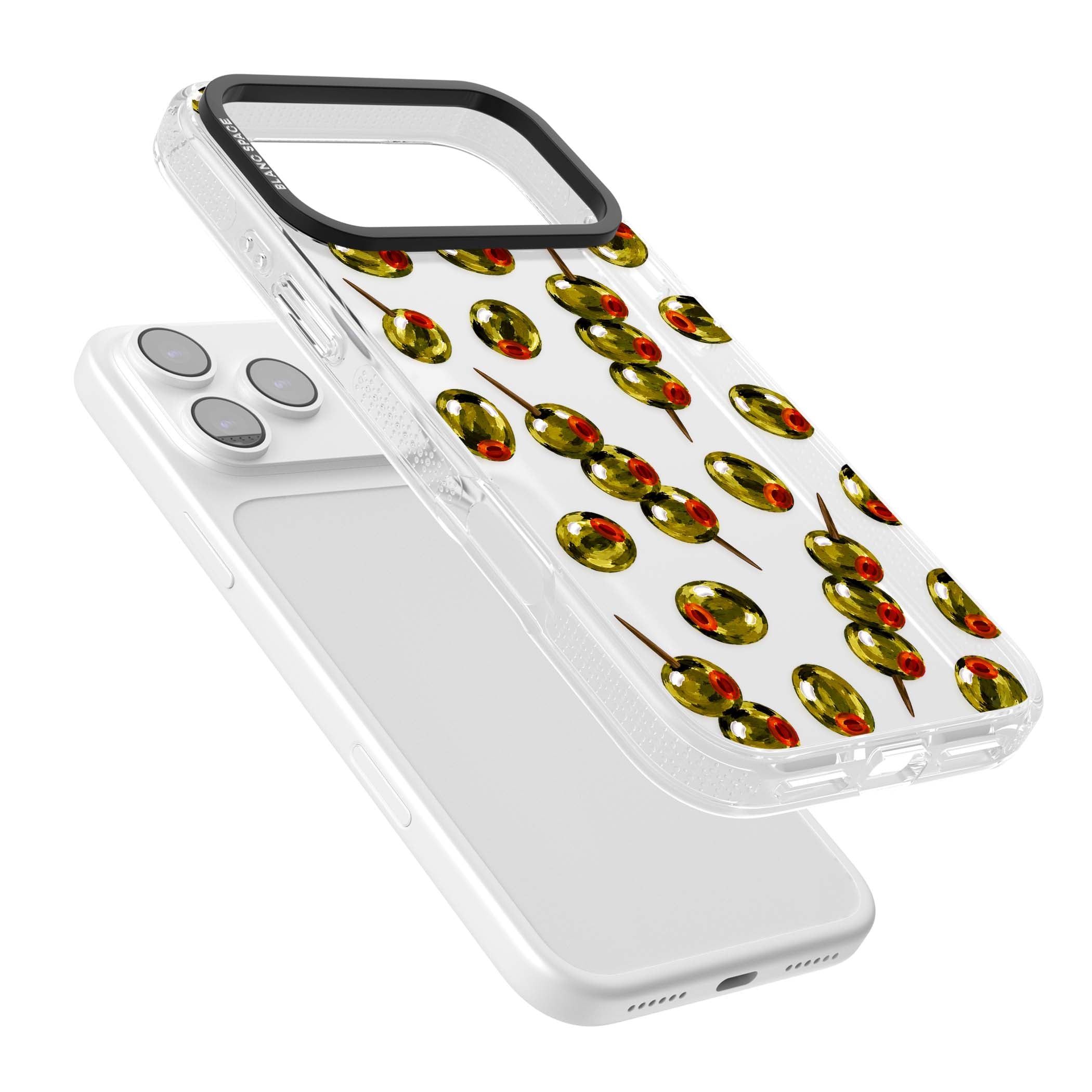 Painted Olives cocktail iPhone case featuring green olives, pimento centres and toothpick skewers on a clear background | Clear Case Impact Air case for iPhone 17 Pro, iPhone 17 Pro Max