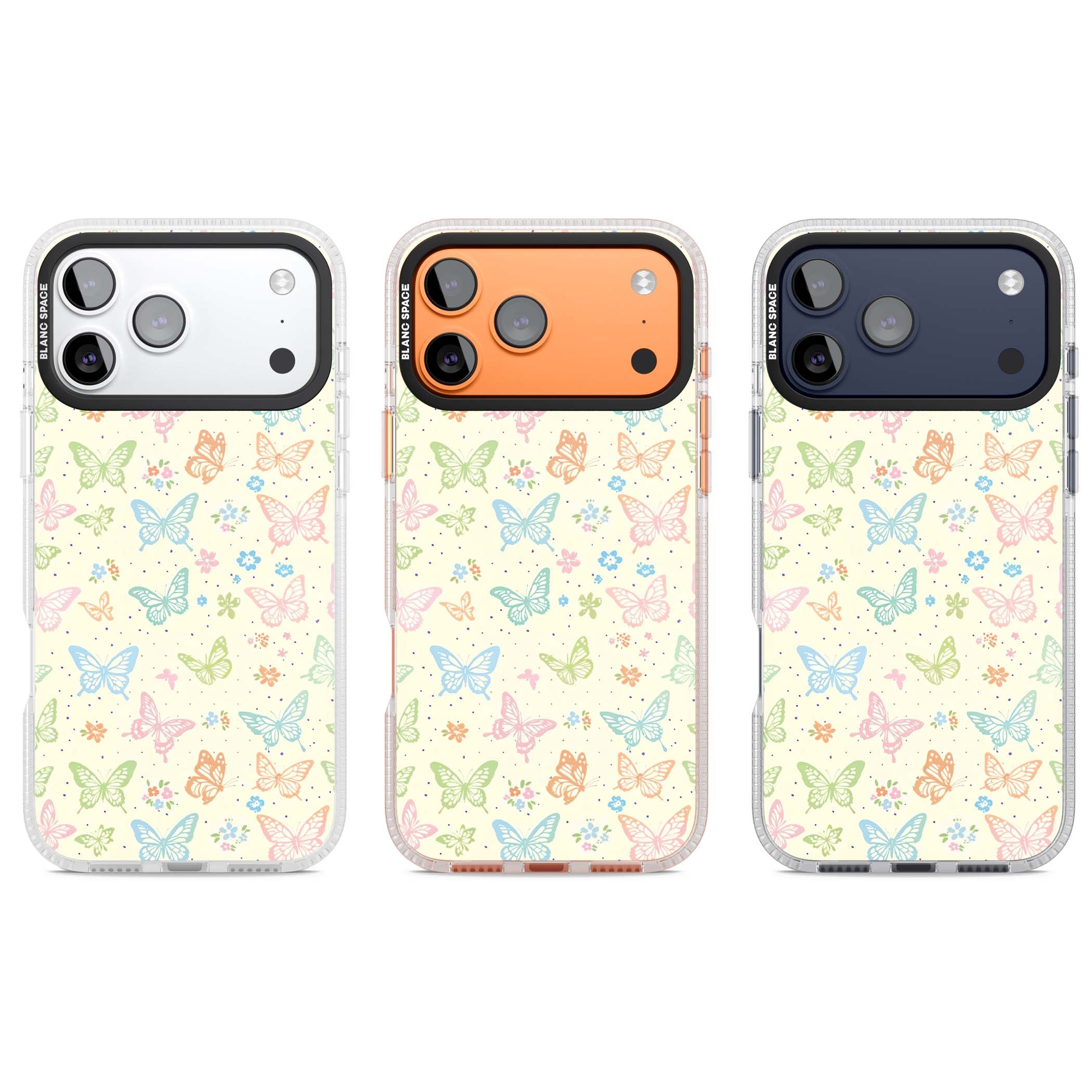 Sugar Wings cottagecore iPhone case featuring rainbow pastel butterflies, tiny wildflowers, and a cream background | Clear Case Impact Air case for iPhone 17 Pro, iPhone 17 Pro Max