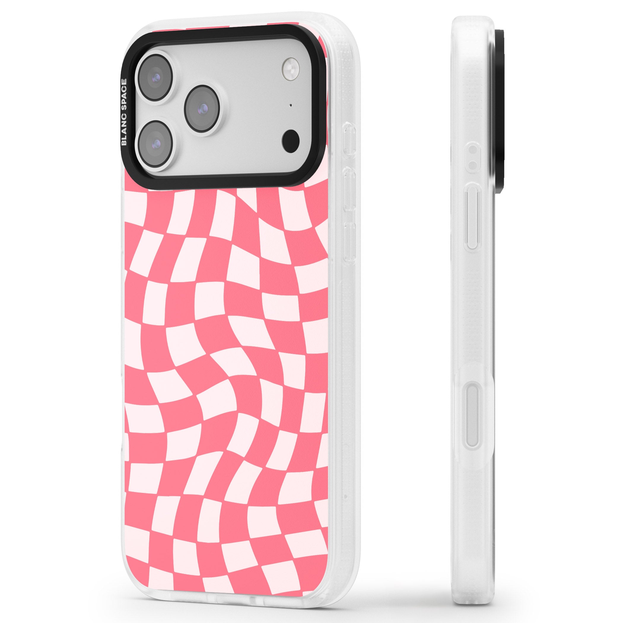 Pink Wavy Checked Pattern iPhone 17 Pro Impact Air Clear Phone Case Side Profile