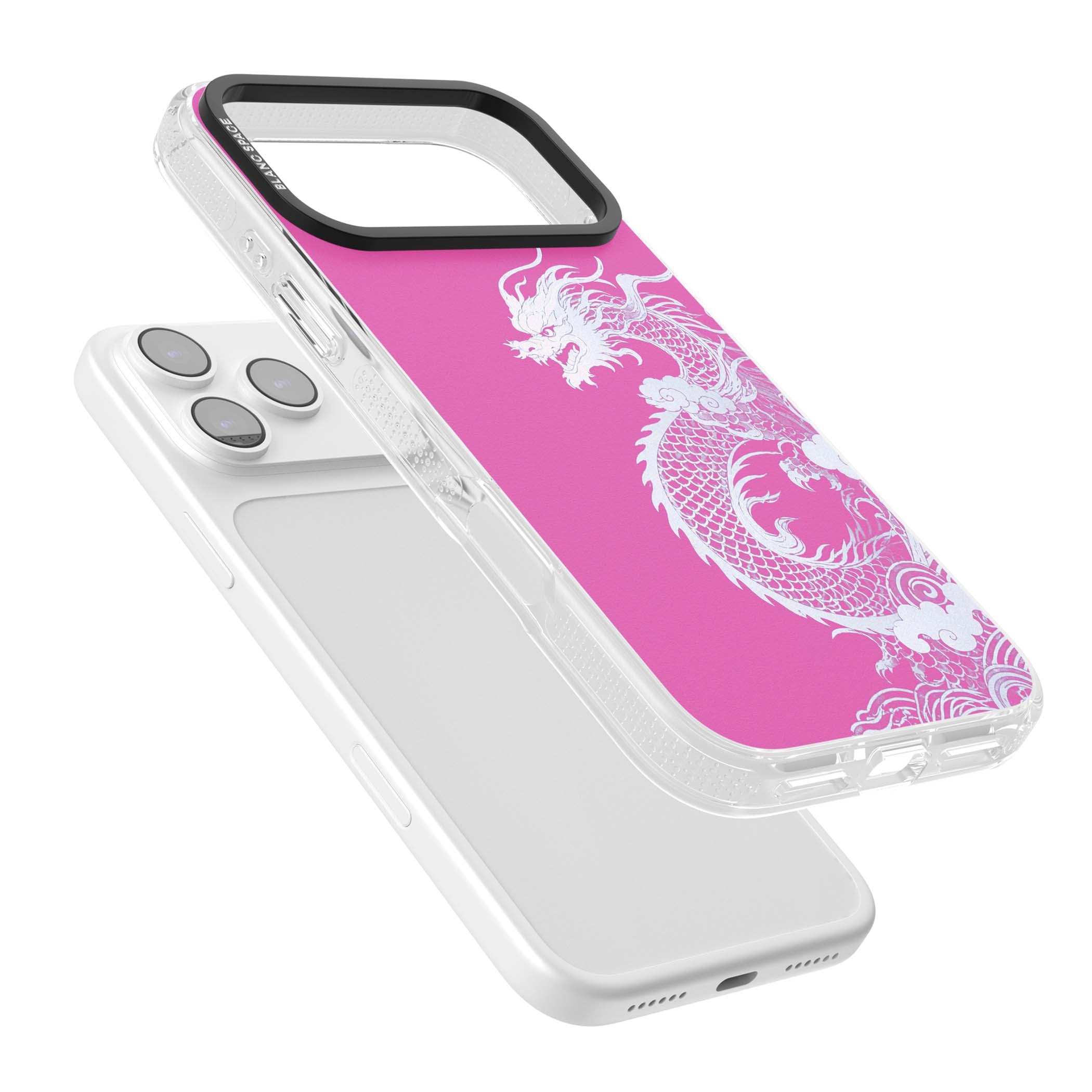 Pink Empress chinese dragon iPhone case featuring a white dragon, swirling clouds and pink dragon wallpaper backdrop | Clear Case Impact Air case for iPhone 17 Pro, iPhone 17 Pro Max
