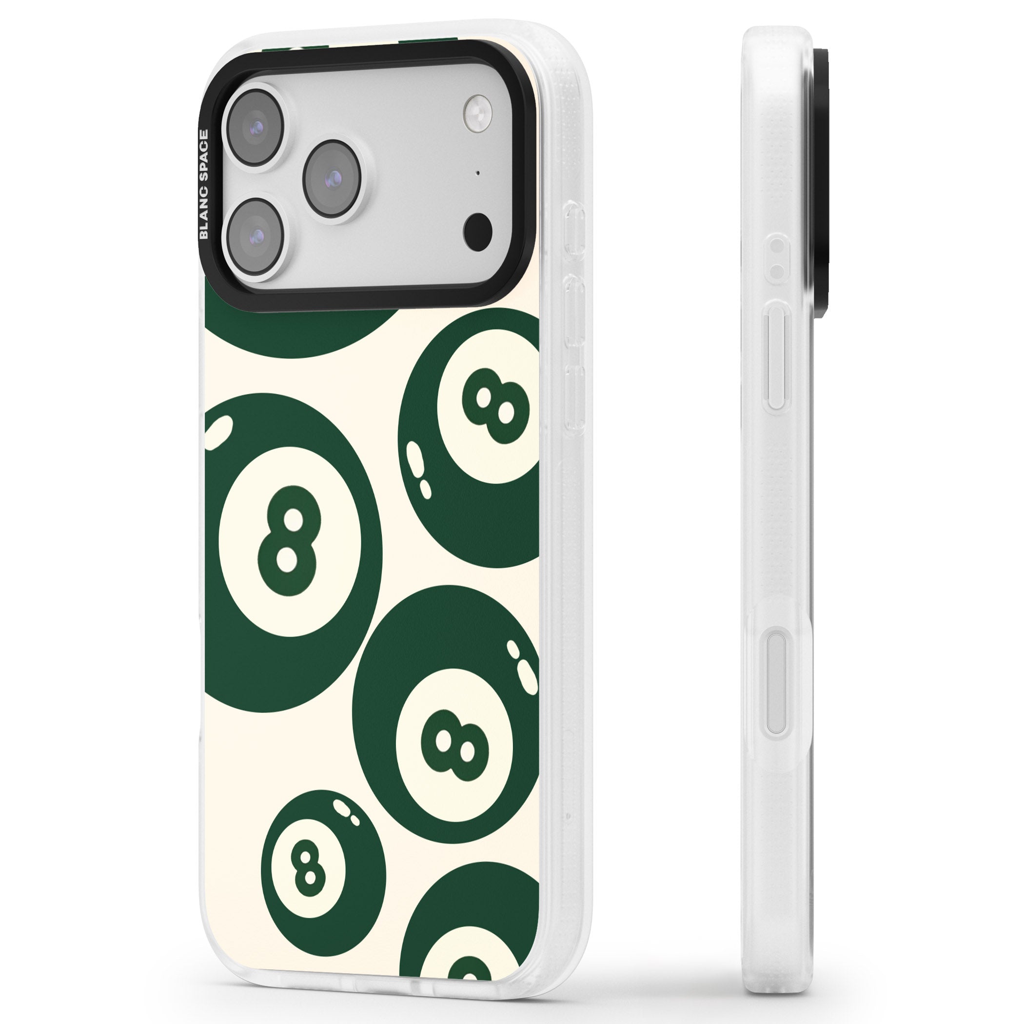 Green Eight Balls iPhone 17 Pro Impact Air Clear Phone Case Side Profile