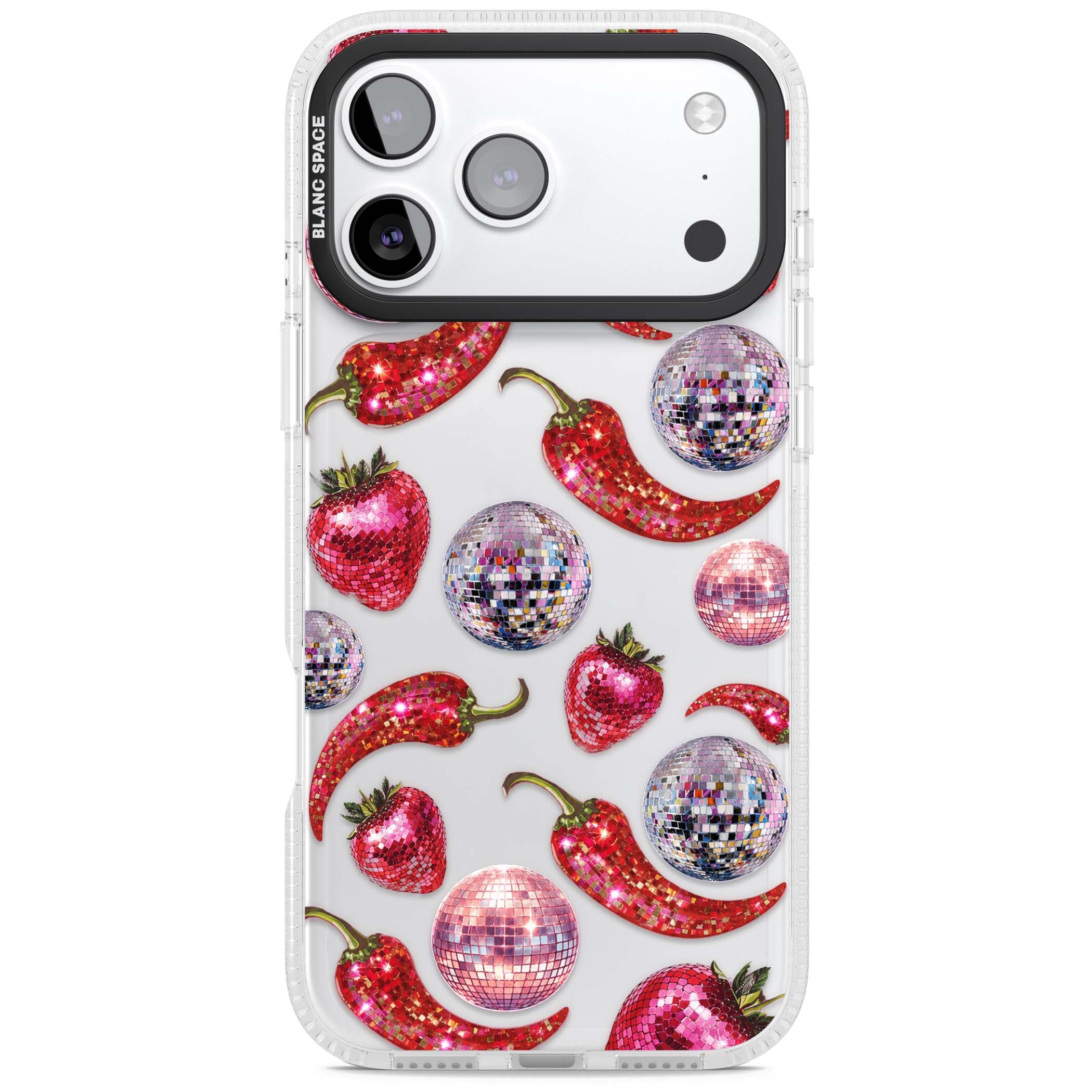 Spicy Disco Y2K iPhone case featuring glitter disco balls, sparkly strawberries and red chilli peppers | Clear Case Impact Air case for iPhone 17 Pro, iPhone 17 Pro Max