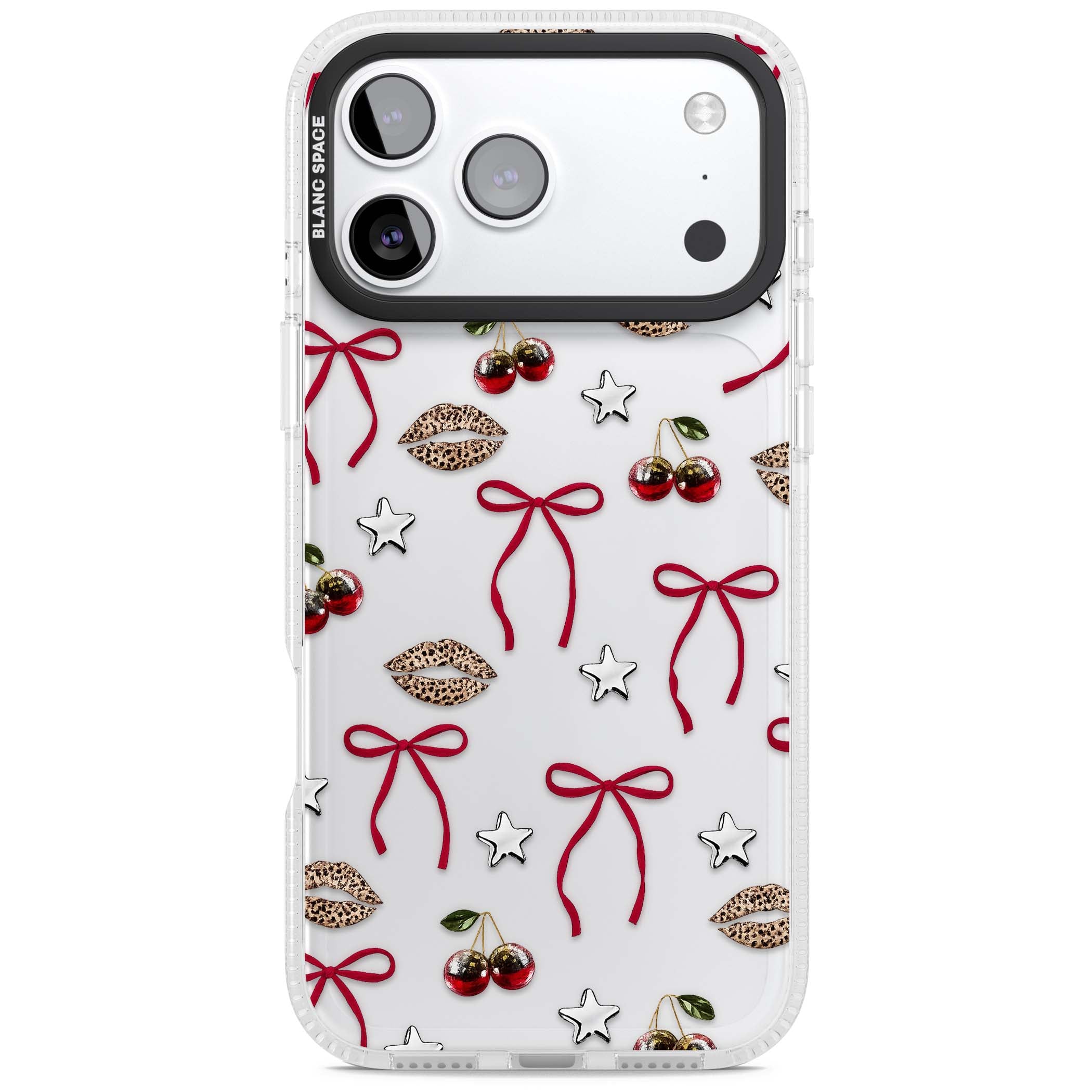 Starlet coquette iPhone case featuring red ribbon bows, disco cherries and leopard-print lips | Clear Case Impact Air case for iPhone 17 Pro, iPhone 17 Pro Max