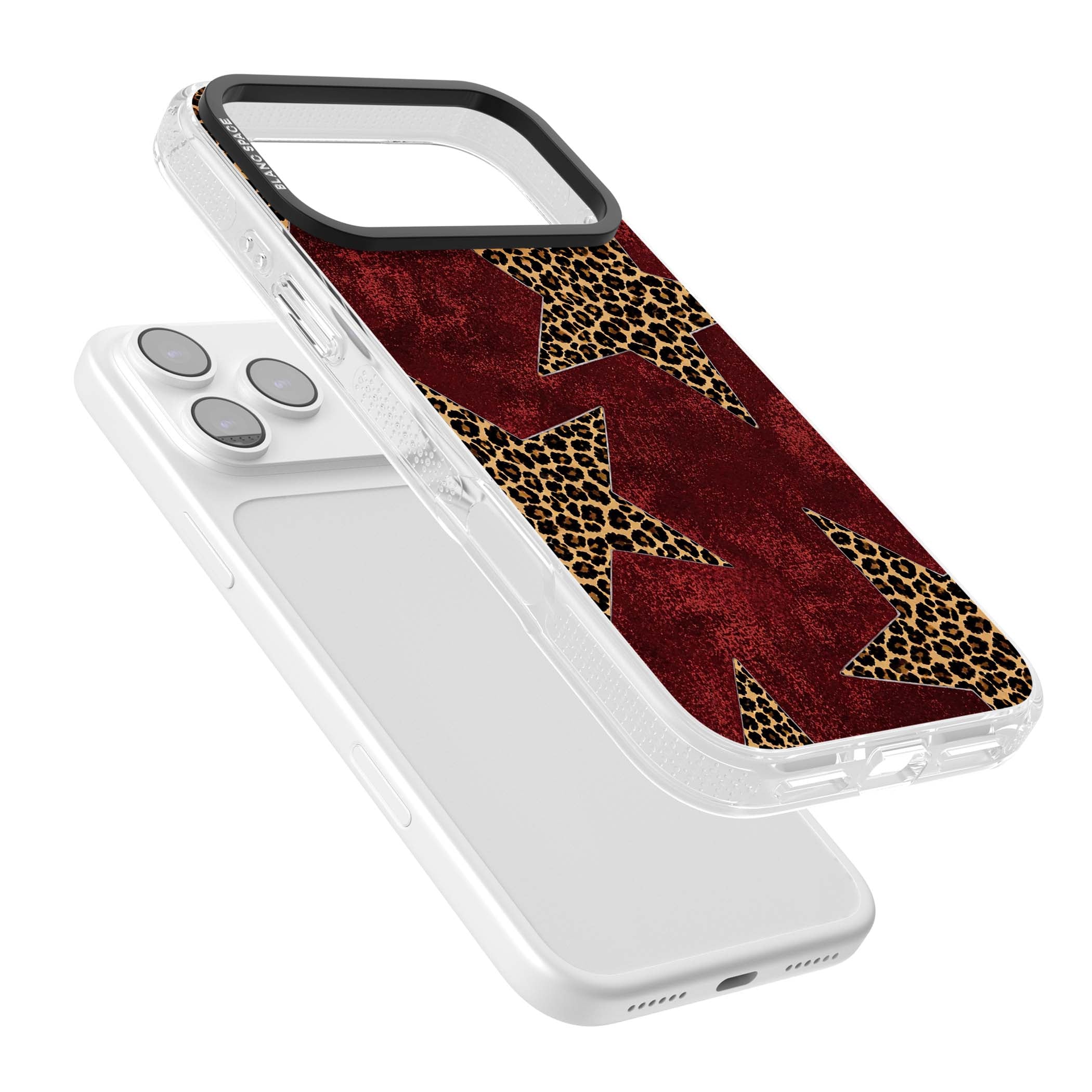 Showgirl leopard print iPhone case featuring cheetah print stars on distressed red grunge background | Clear Case Impact Air case for iPhone 17 Pro, iPhone 17 Pro Max