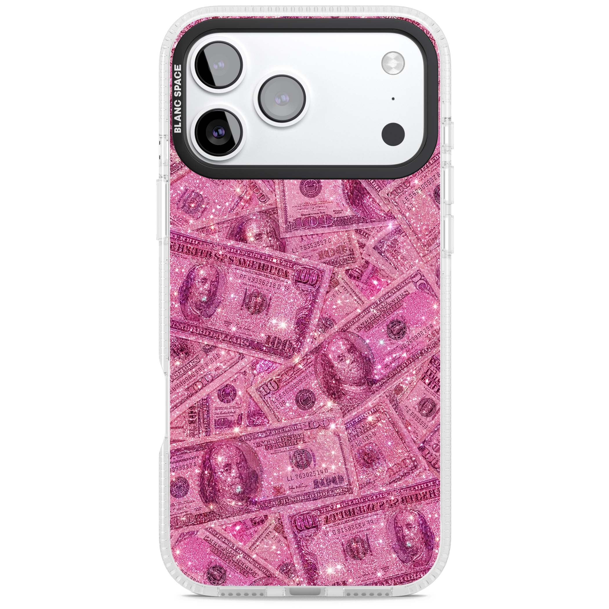 Glamorous baddie iPhone case featuring pink glitter hundred dollar bills and sparkling money wallpaper design | Clear Case Impact Air case for iPhone 17 Pro, iPhone 17 Pro Max