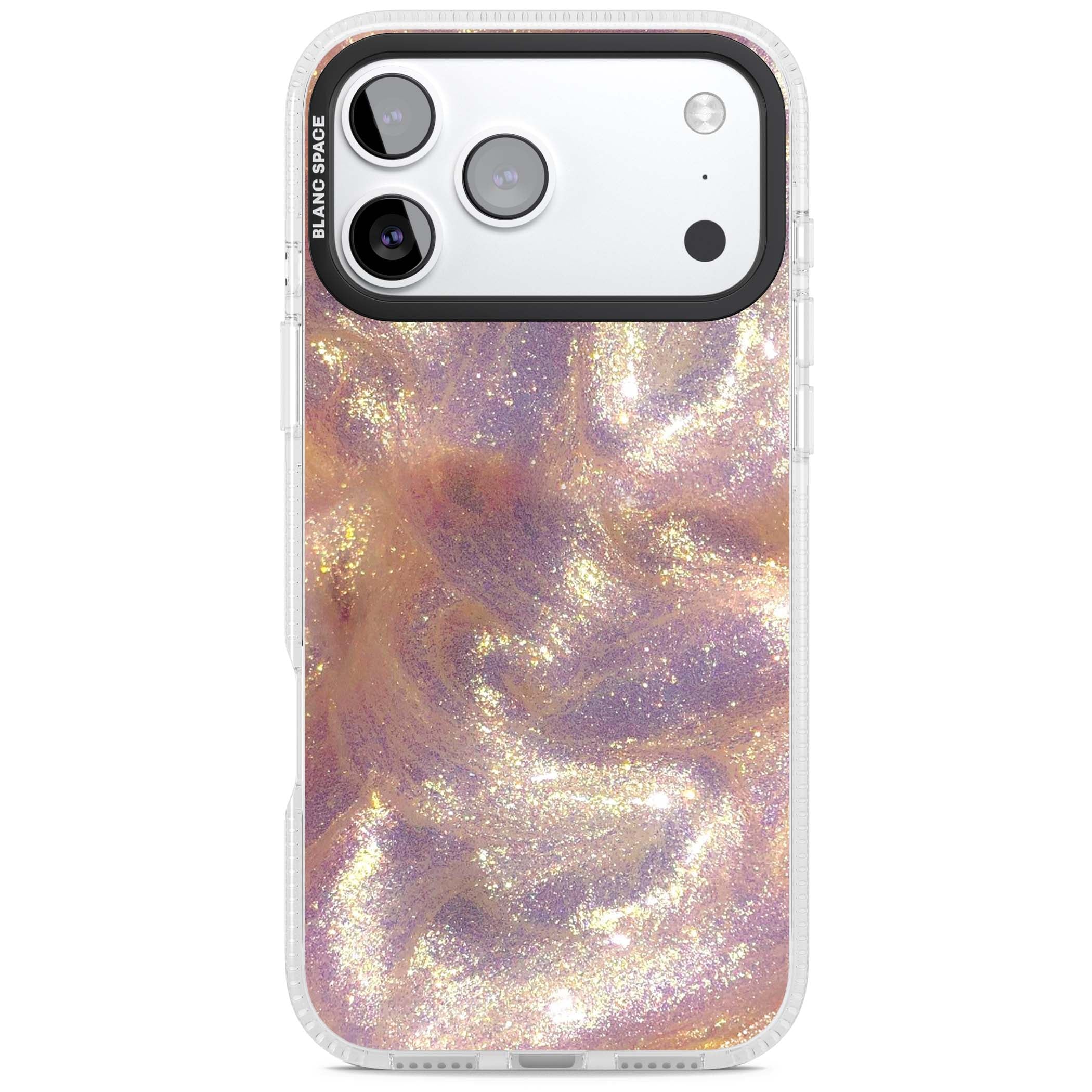 Shimmer marble iPhone case featuring rose gold glitter swirls, lilac shimmer and iridescent pearl finish | Clear Case Impact Air case for iPhone 17 Pro, iPhone 17 Pro Max