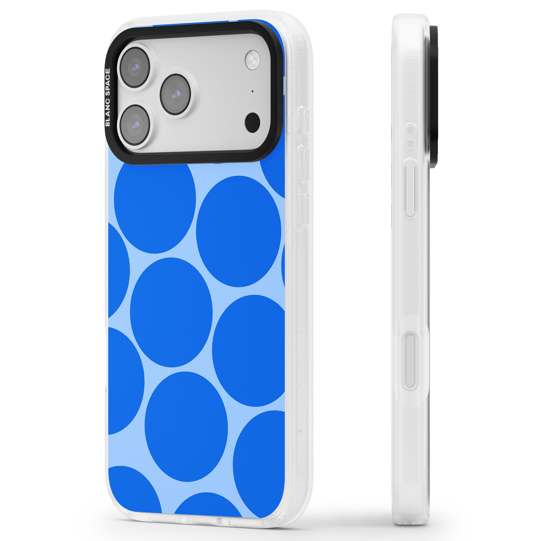 Retro Blue Dot iPhone 17 Pro Impact Air Clear Phone Case Side Profile
