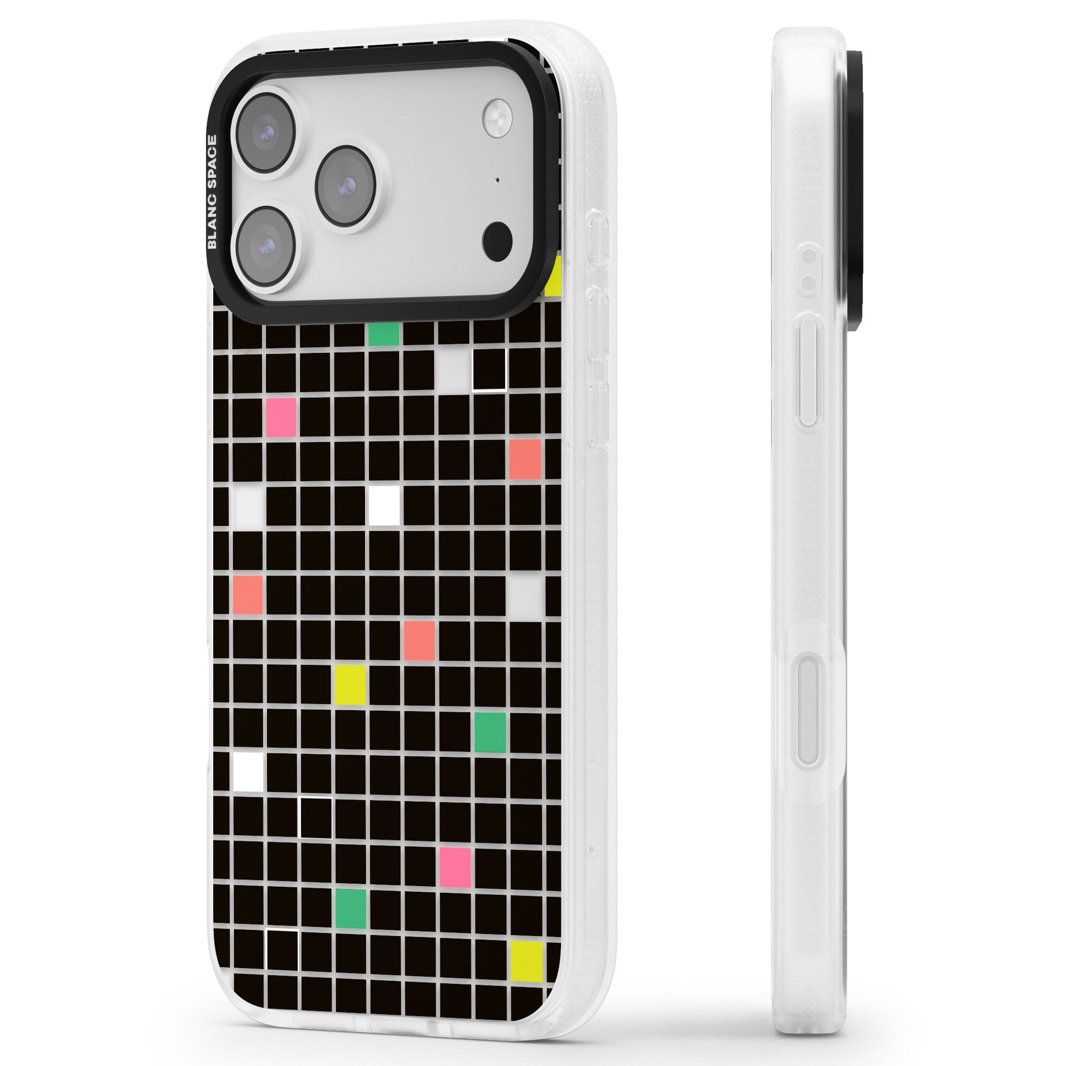 Vibrant Black Geometric Grid iPhone 17 Pro Max Impact Air Clear Phone Case Side Profile